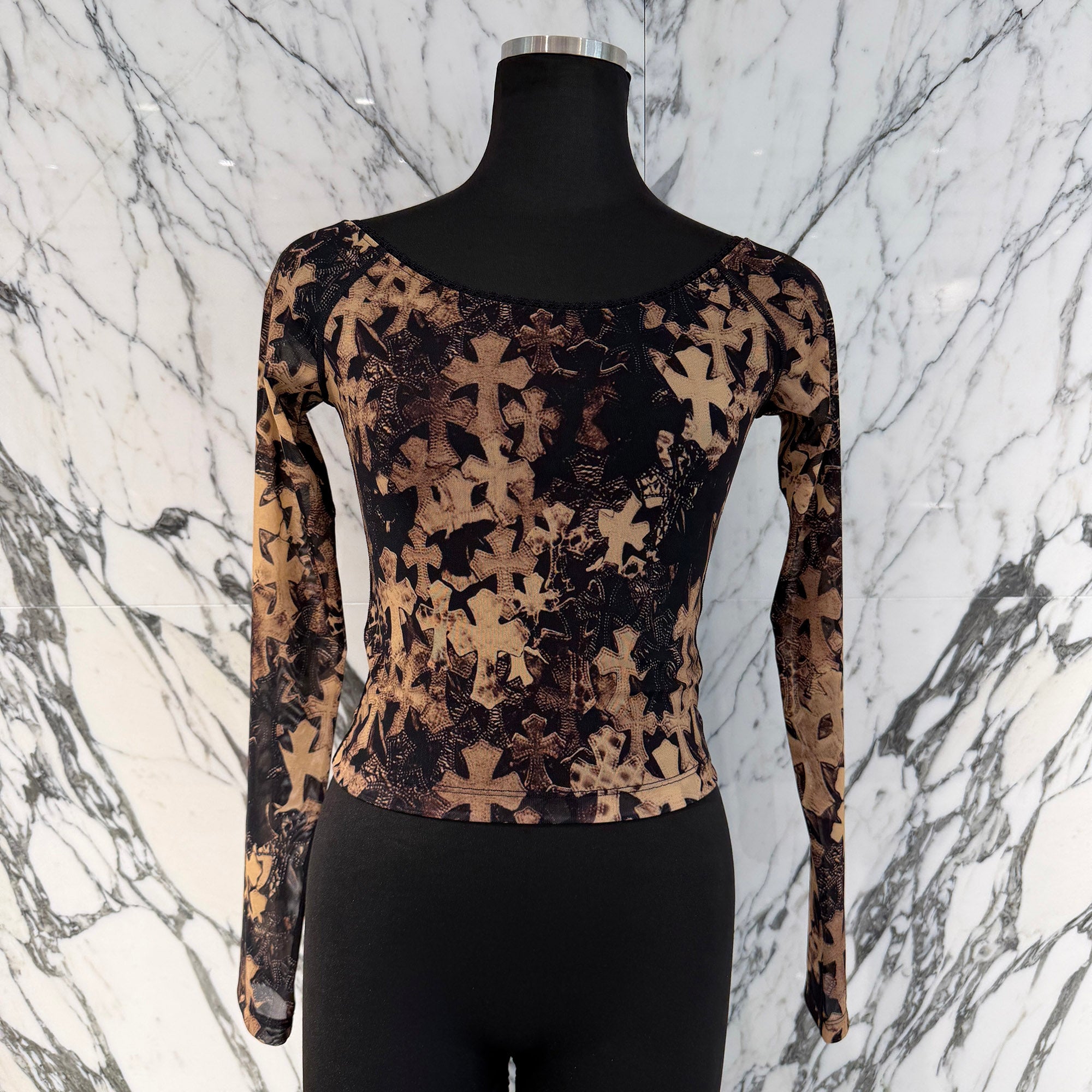 CHROME HEARTS Off Shoulder Cemetery Cross Sheer Long Sleeve Tee Size S クロムハーツ オフショルダー セメタリークロス シアー ロングスリーブＴシャツ サイズS