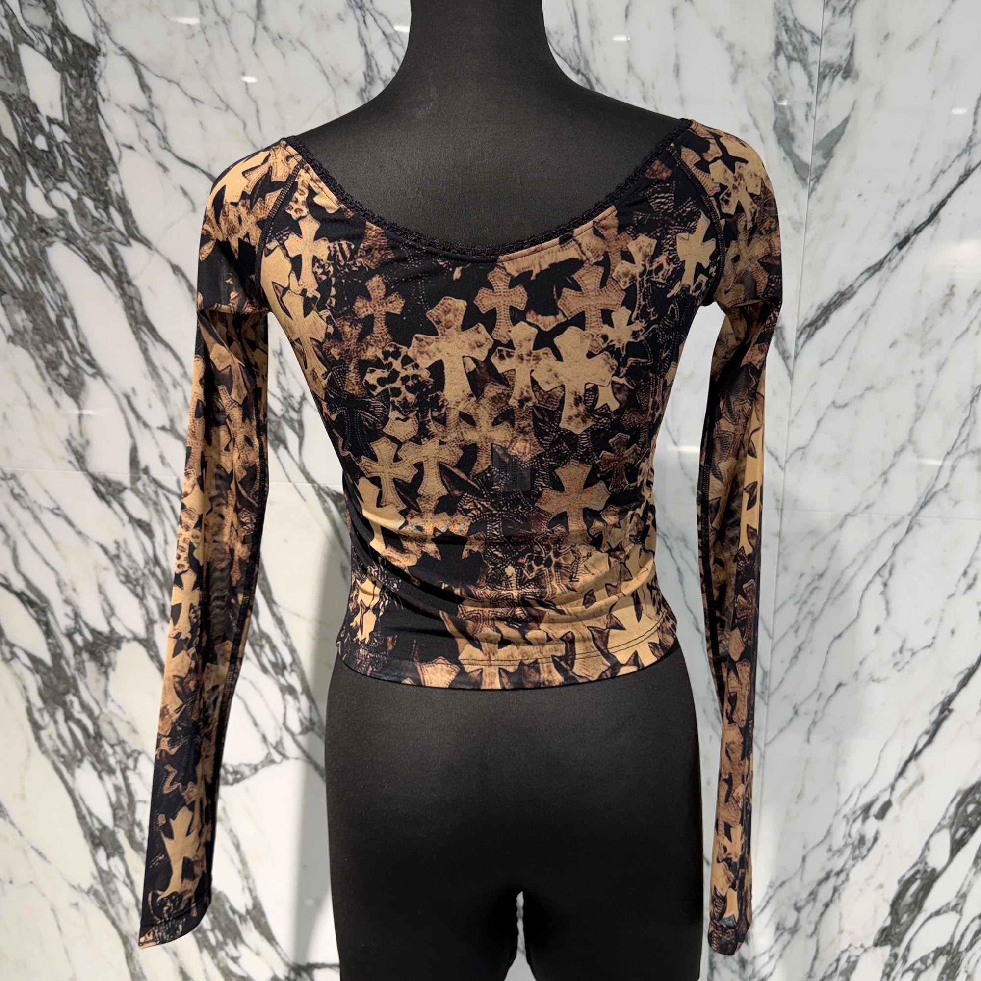 CHROME HEARTS Off Shoulder Cemetery Cross Sheer Long Sleeve Tee Size S クロムハーツ オフショルダー セメタリークロス シアー ロングスリーブＴシャツ サイズS