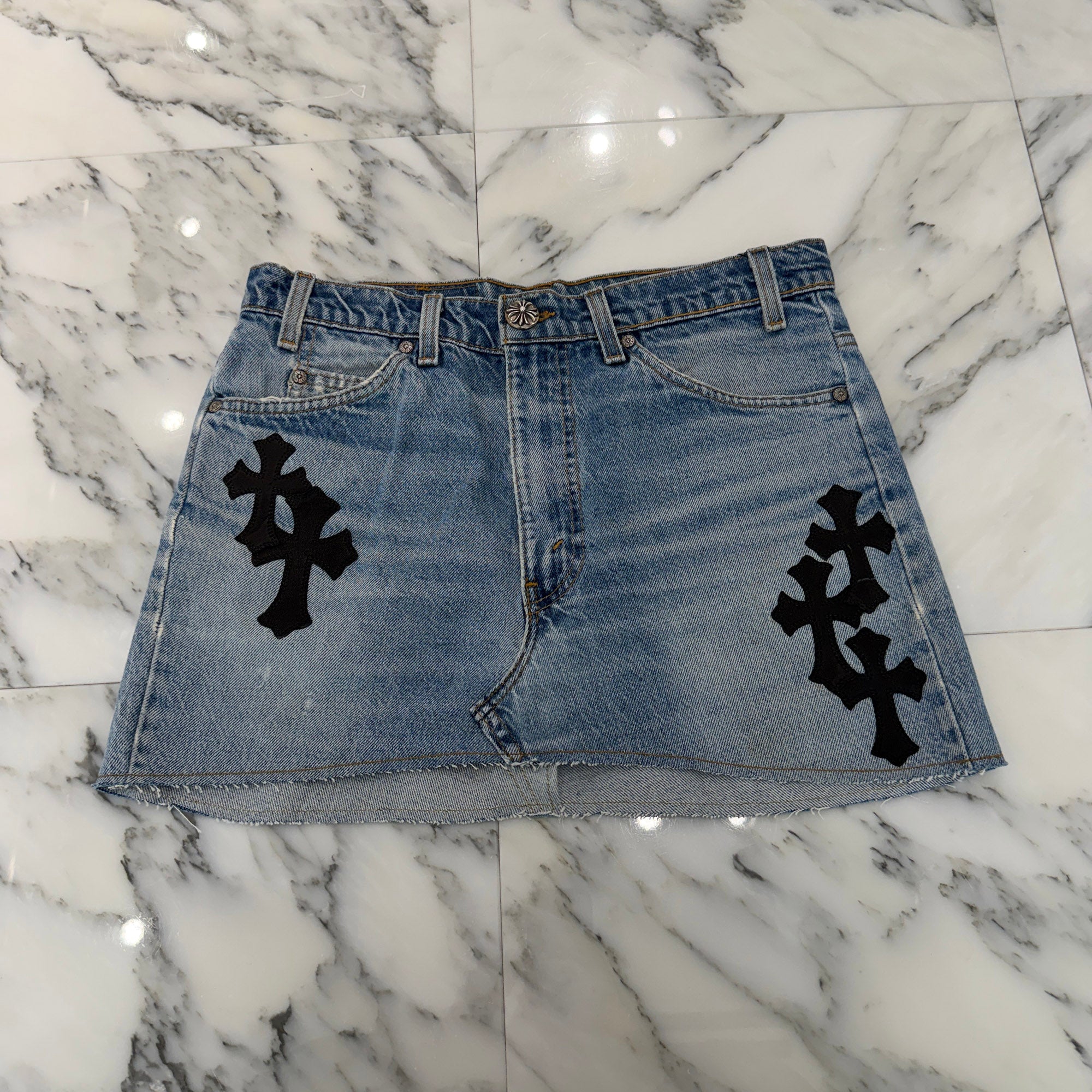 CHROME HEARTS × Levi's 517 VNTG Cross Leather Patch Denim Skirt Size 27 クロムハーツ × リーバイス 517 ヴィンテージ クロスレザーパッチ デニムスカート サイズ27