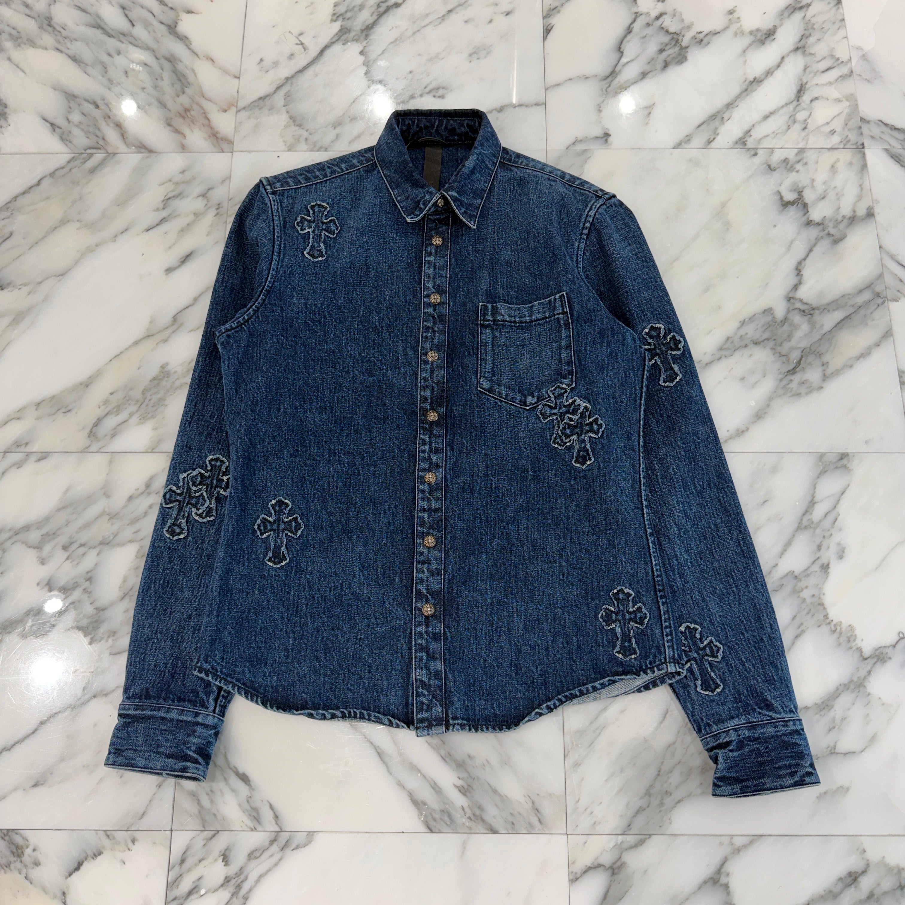 CHROME HEARTS Y NOT Denim Cross Patch Shirt Jacket Size M クロムハーツ ワイノット デニムクロスパッチ シャツジャケット サイズM