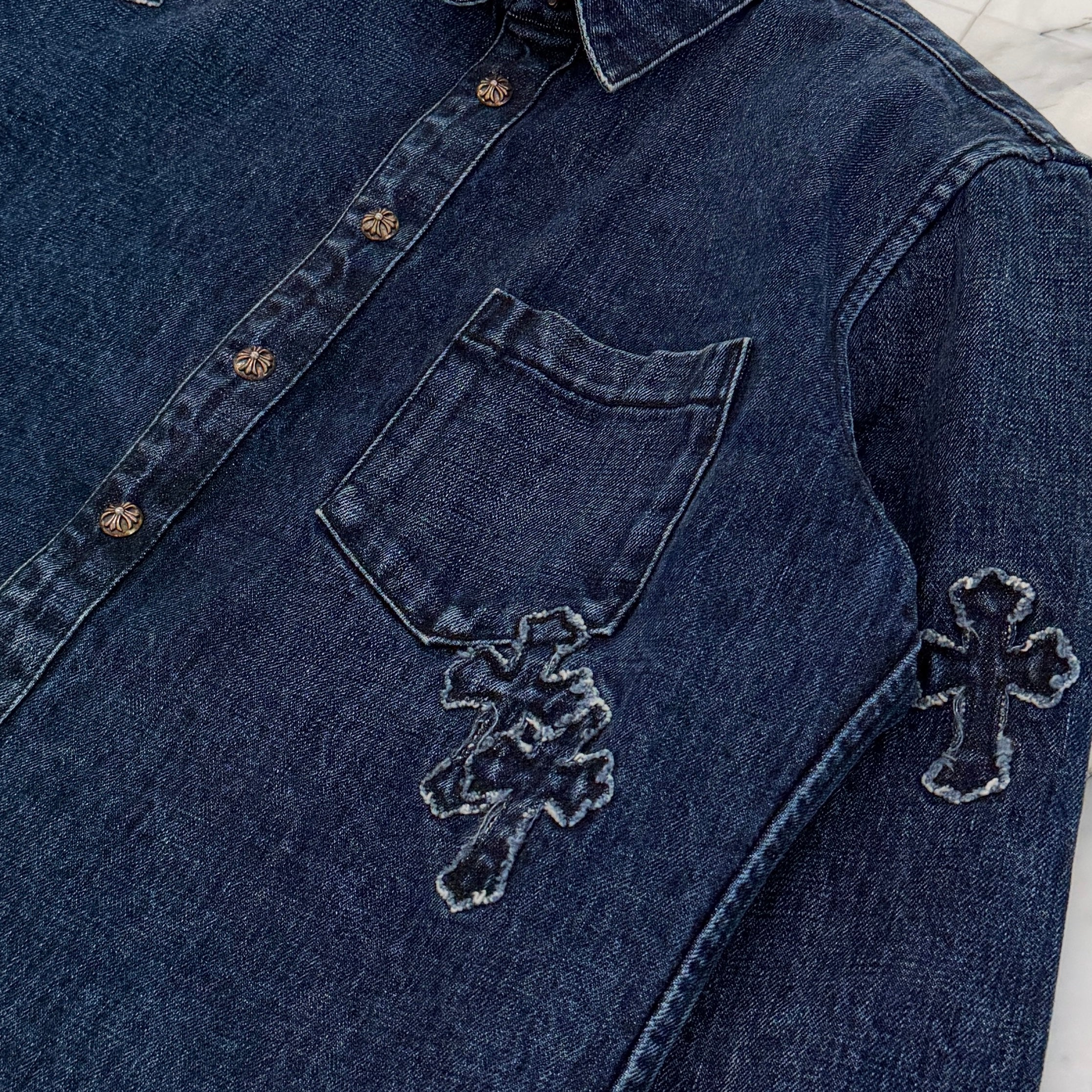 CHROME HEARTS Y NOT Denim Cross Patch Shirt Jacket Size M クロムハーツ ワイノット デニムクロスパッチ シャツジャケット サイズM