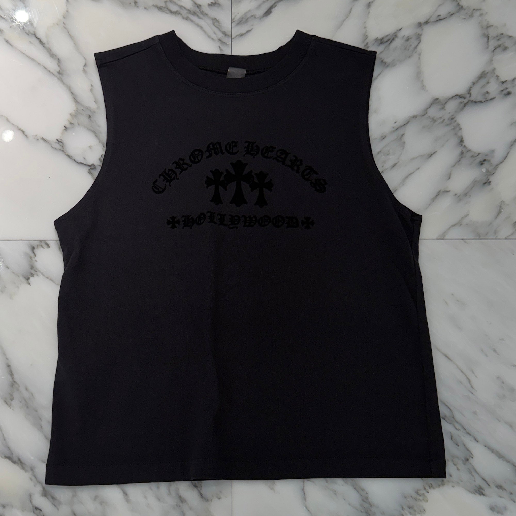 CHROME HEARTS Y NOT King Taco 3 Cemetery Cross Flock Print Sleeveless Tee Size S クロムハーツ ワイノット キングタコ 3 セメタリークロス フロッキープリント ノースリーブシャツ サイズS