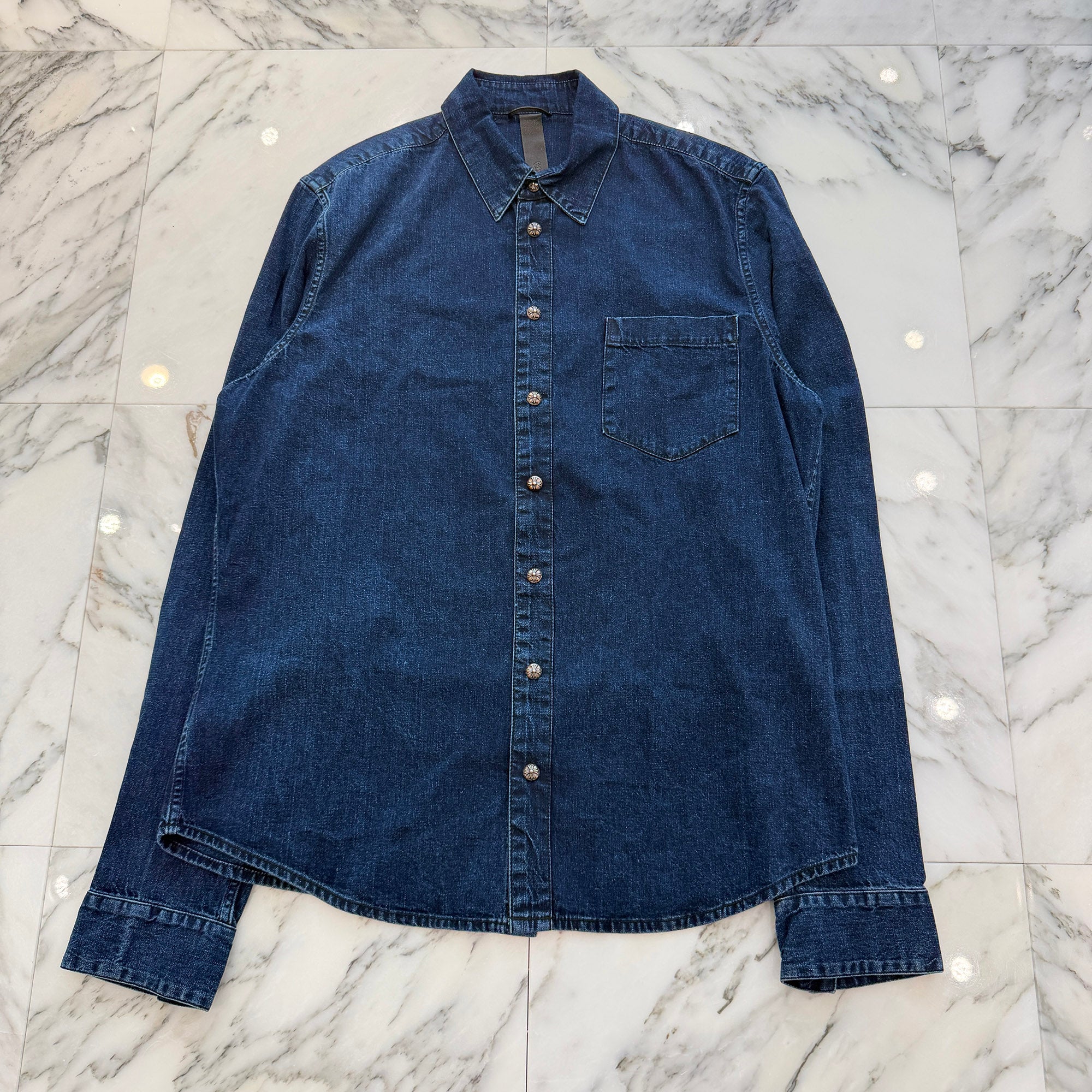 CHROME HEARTS Y NOT Loose Ends Leather Cross Patch Denim Shirt Size XL クロムハーツ ワイノット ルーズエンド レザークロスパッチ デニムシャツ サイズXL