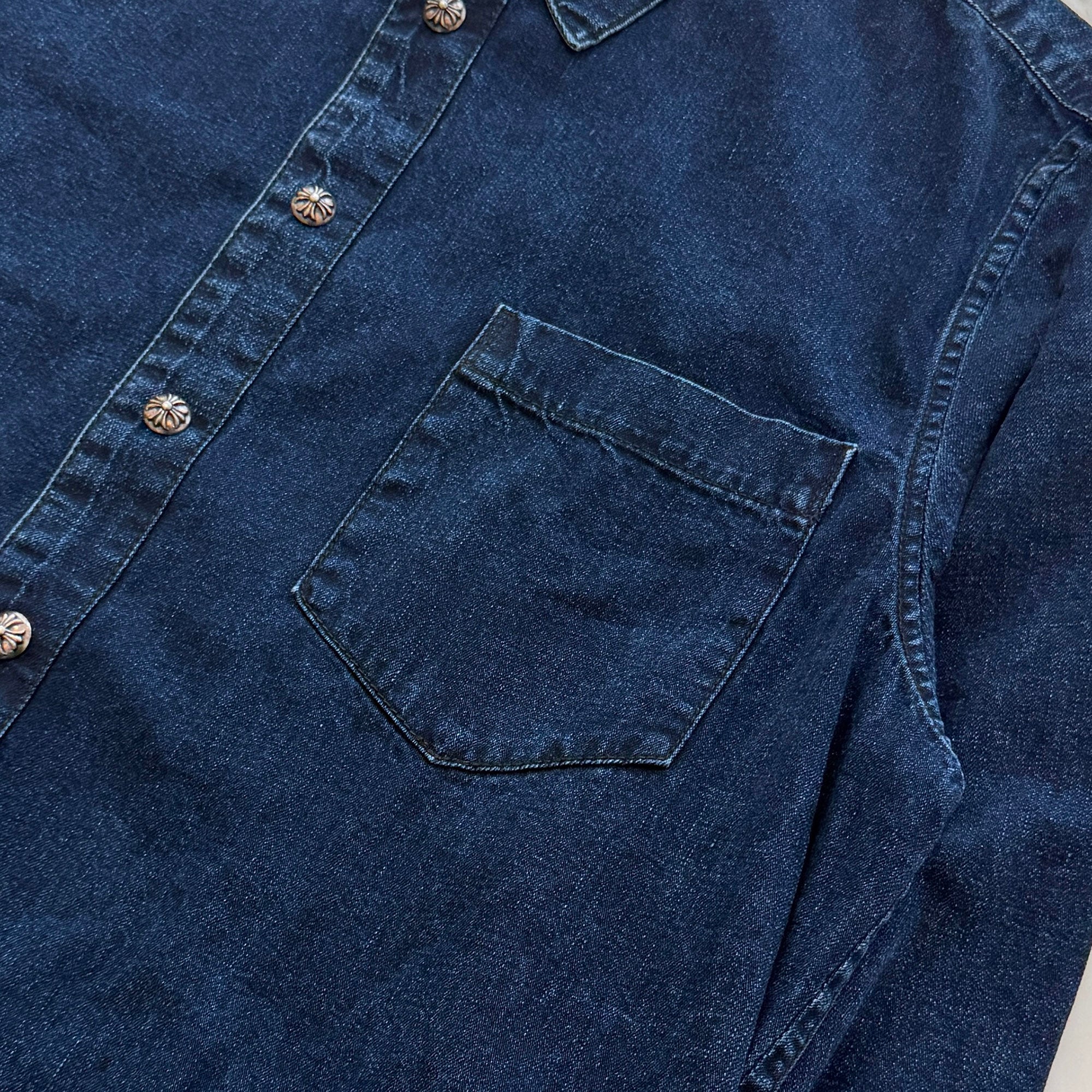 CHROME HEARTS Y NOT Loose Ends Leather Cross Patch Denim Shirt Size XL クロムハーツ ワイノット ルーズエンド レザークロスパッチ デニムシャツ サイズXL