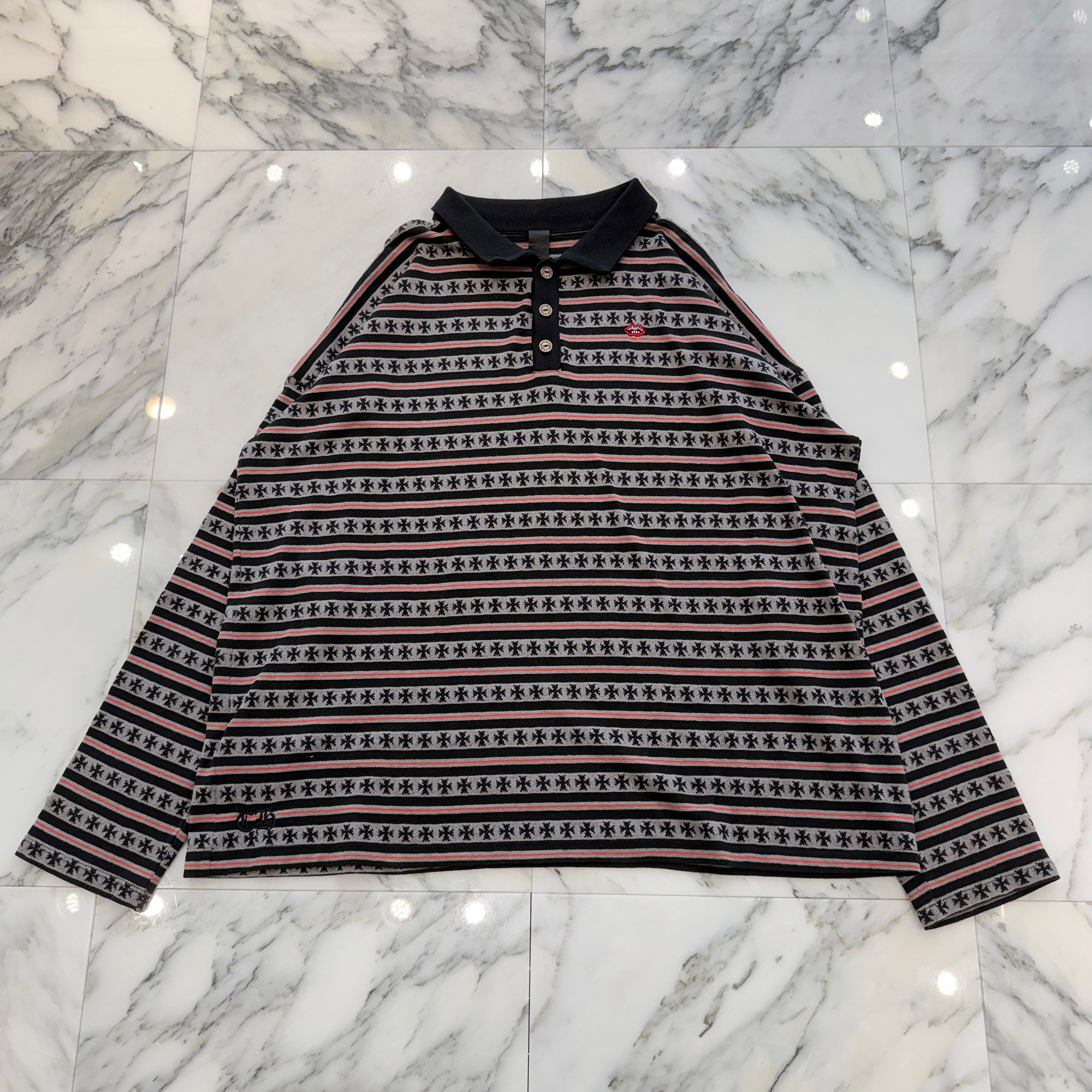 CHROME HEARTS × MATTY BOY Y NOT Chomper Embroidery Stripe Polo Long Sleeve Shirt Size L クロムハーツ × マッティボーイ ワイノット チョンパー刺繍 ストライプ ポロ ロングスリーブシャツ サイズL