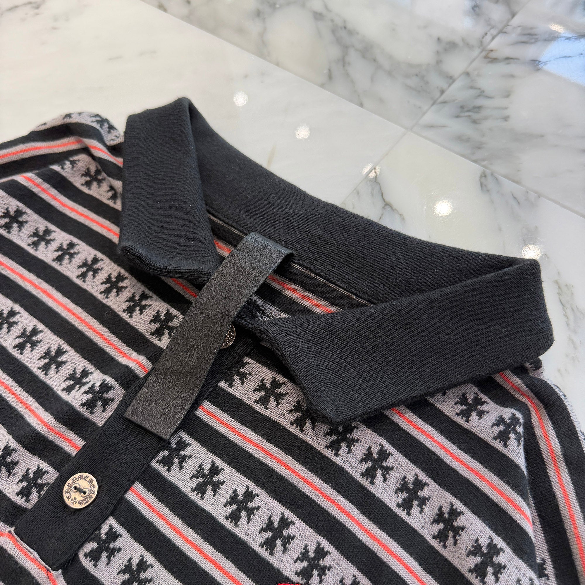 CHROME HEARTS × MATTY BOY Y NOT Chomper Embroidery Stripe Polo Long Sleeve Shirt Size L クロムハーツ × マッティボーイ ワイノット チョンパー刺繍 ストライプ ポロ ロングスリーブシャツ サイズL