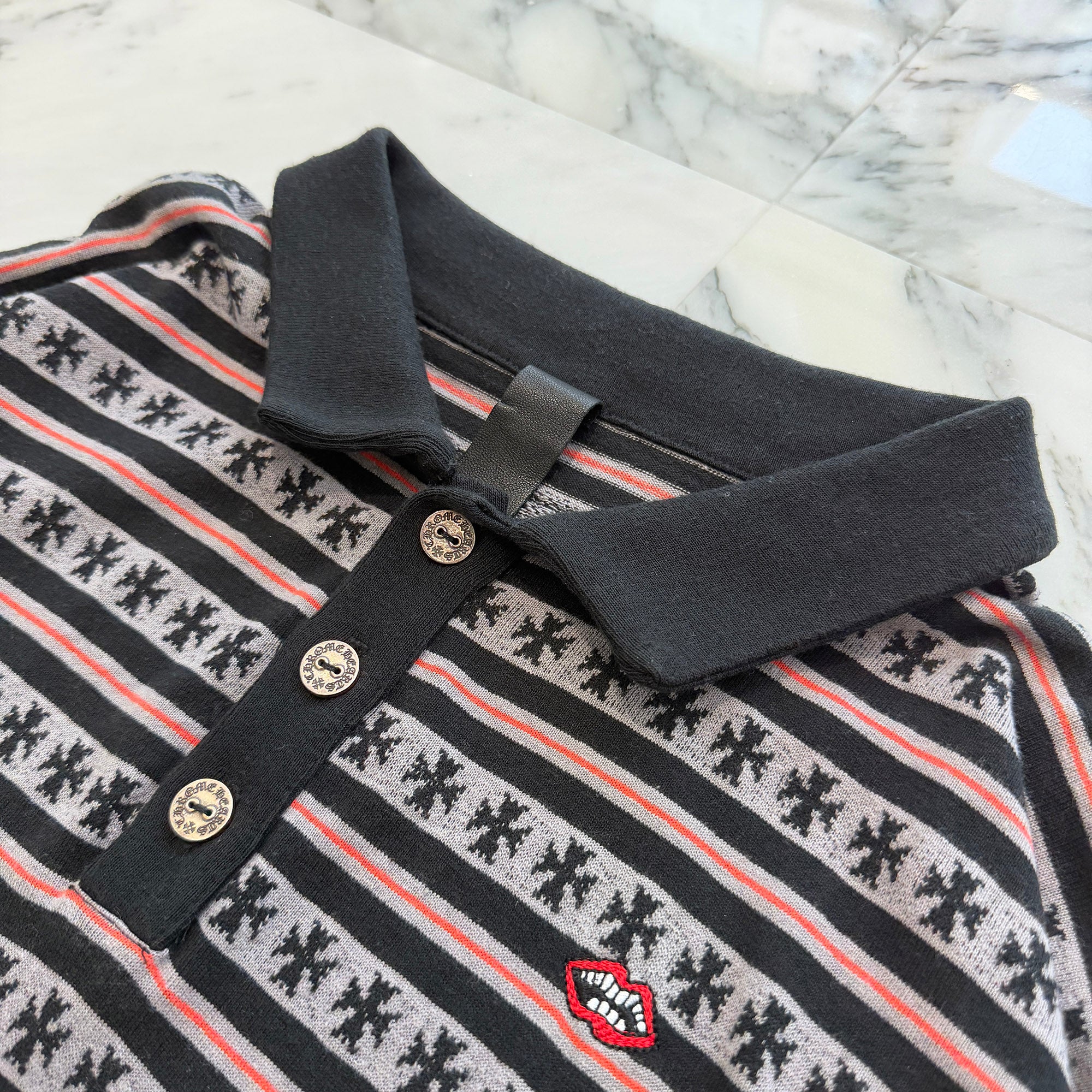 CHROME HEARTS × MATTY BOY Y NOT Chomper Embroidery Stripe Polo Long Sleeve Shirt Size L クロムハーツ × マッティボーイ ワイノット チョンパー刺繍 ストライプ ポロ ロングスリーブシャツ サイズL