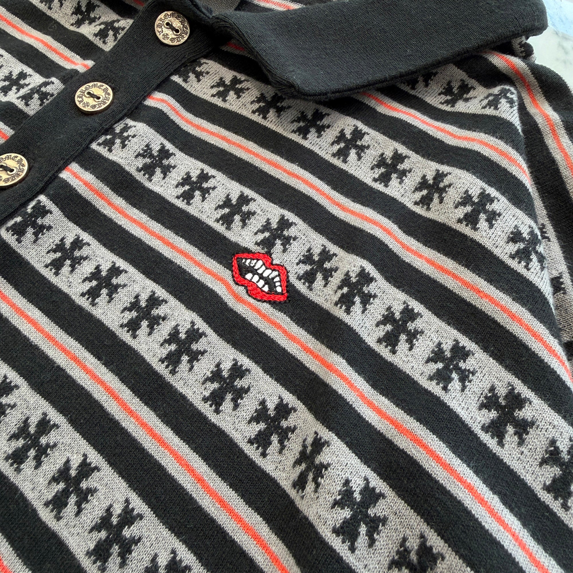 CHROME HEARTS × MATTY BOY Y NOT Chomper Embroidery Stripe Polo Long Sleeve Shirt Size L クロムハーツ × マッティボーイ ワイノット チョンパー刺繍 ストライプ ポロ ロングスリーブシャツ サイズL