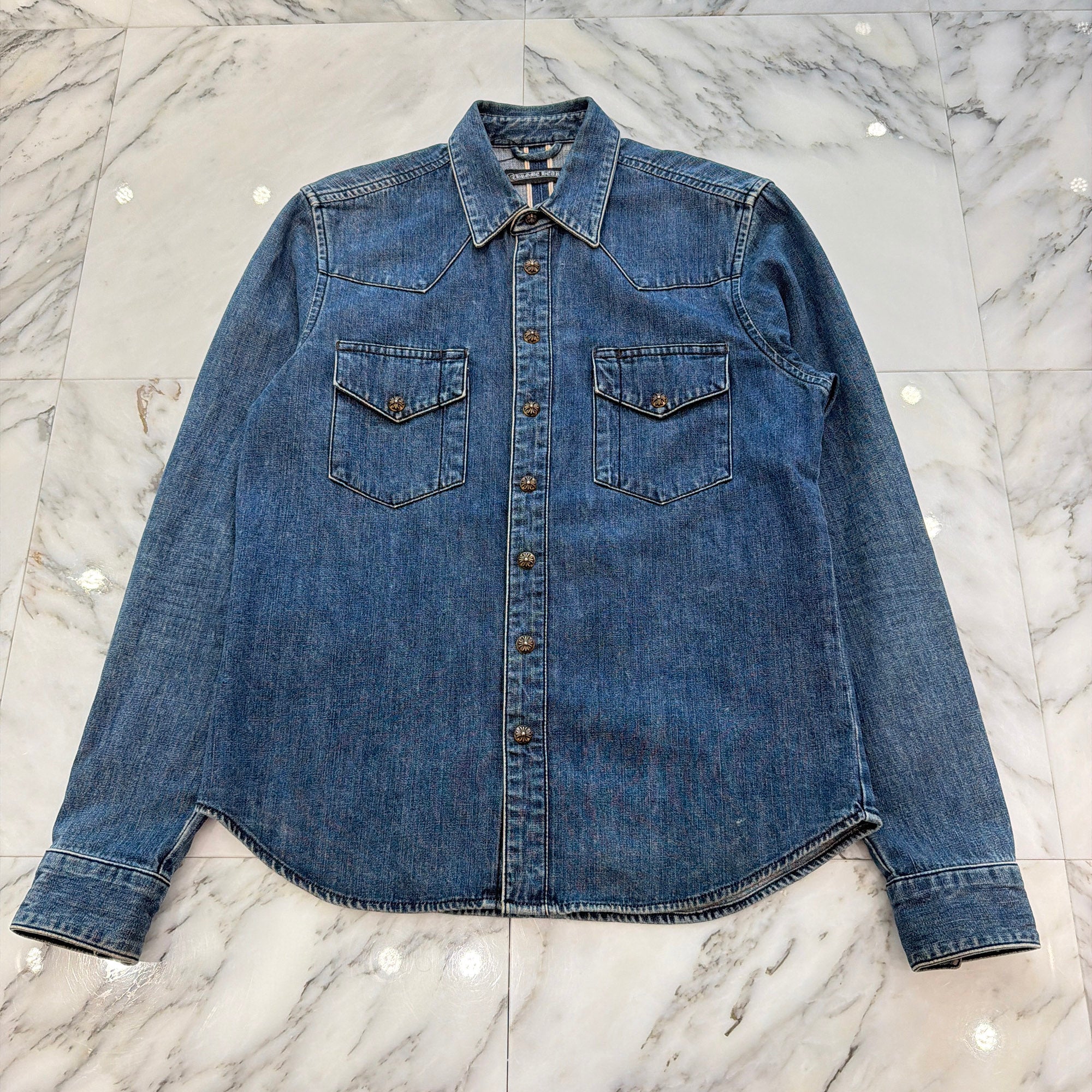 CHROME HEARTS Leather Cross Patch Western Denim Shirt Size SM クロムハーツ オールド レザー クロスパッチ ウェスタン デニムシャツ サイズSM
