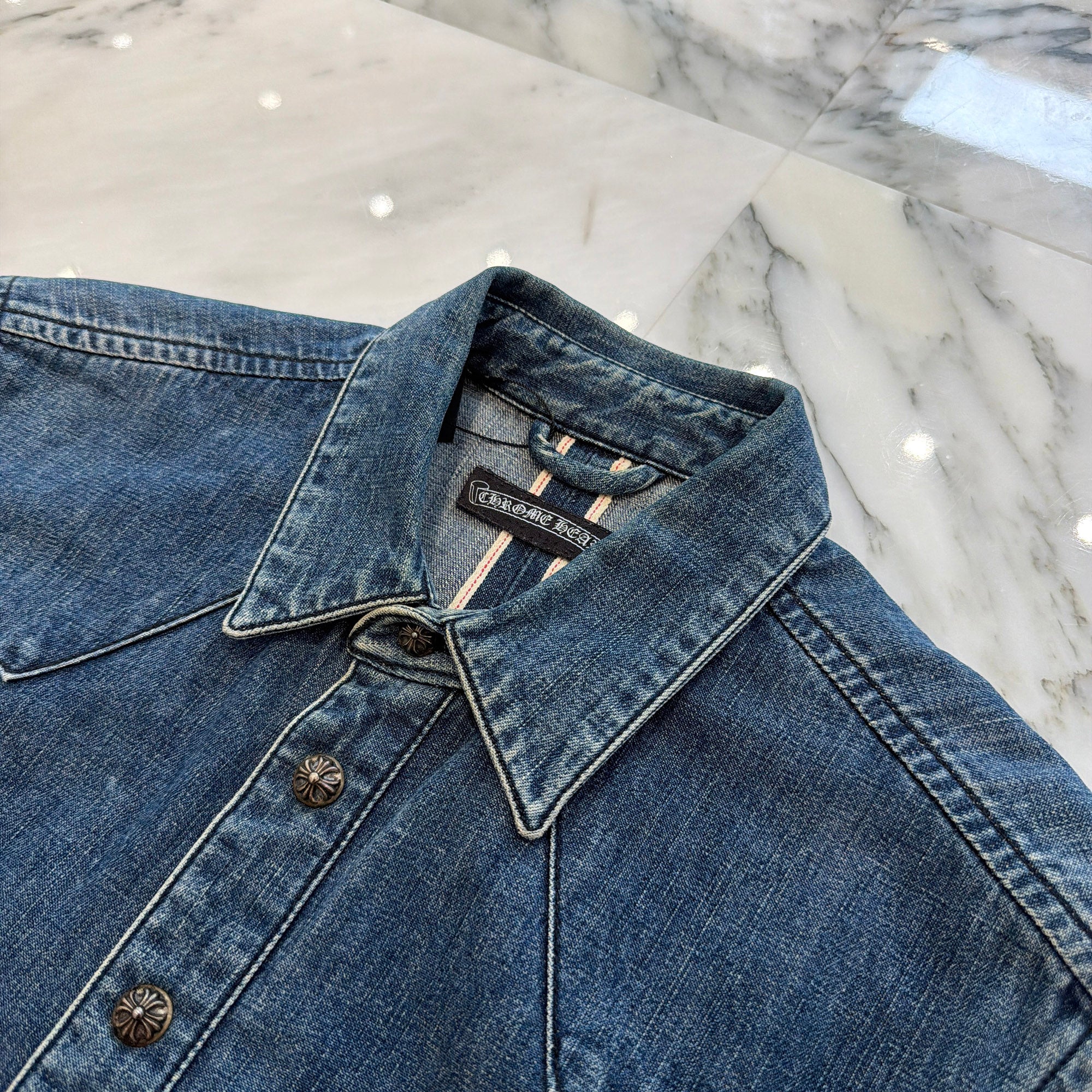 CHROME HEARTS Leather Cross Patch Western Denim Shirt Size SM クロムハーツ オールド レザー クロスパッチ ウェスタン デニムシャツ サイズSM