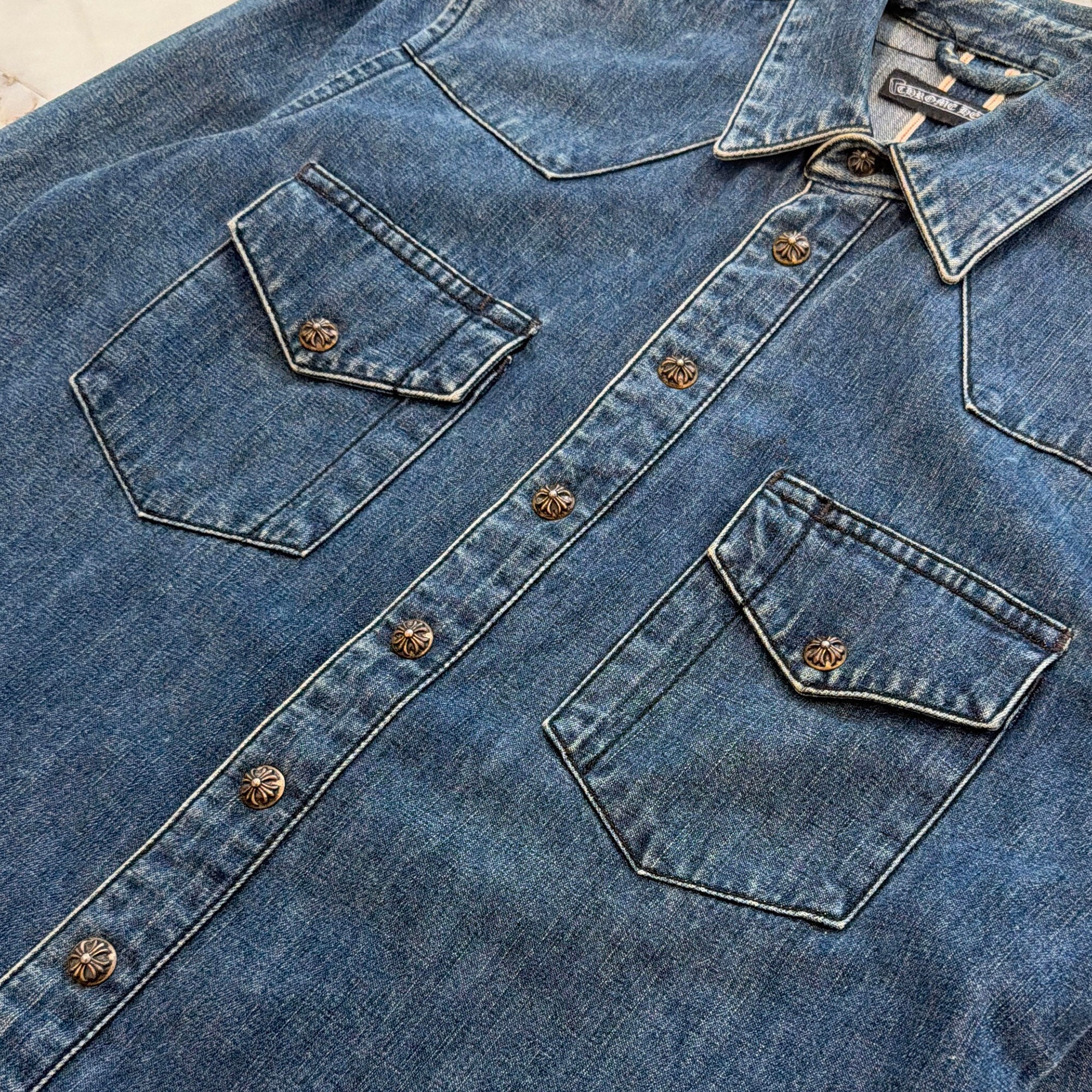 CHROME HEARTS Leather Cross Patch Western Denim Shirt Size SM クロムハーツ オールド レザー クロスパッチ ウェスタン デニムシャツ サイズSM