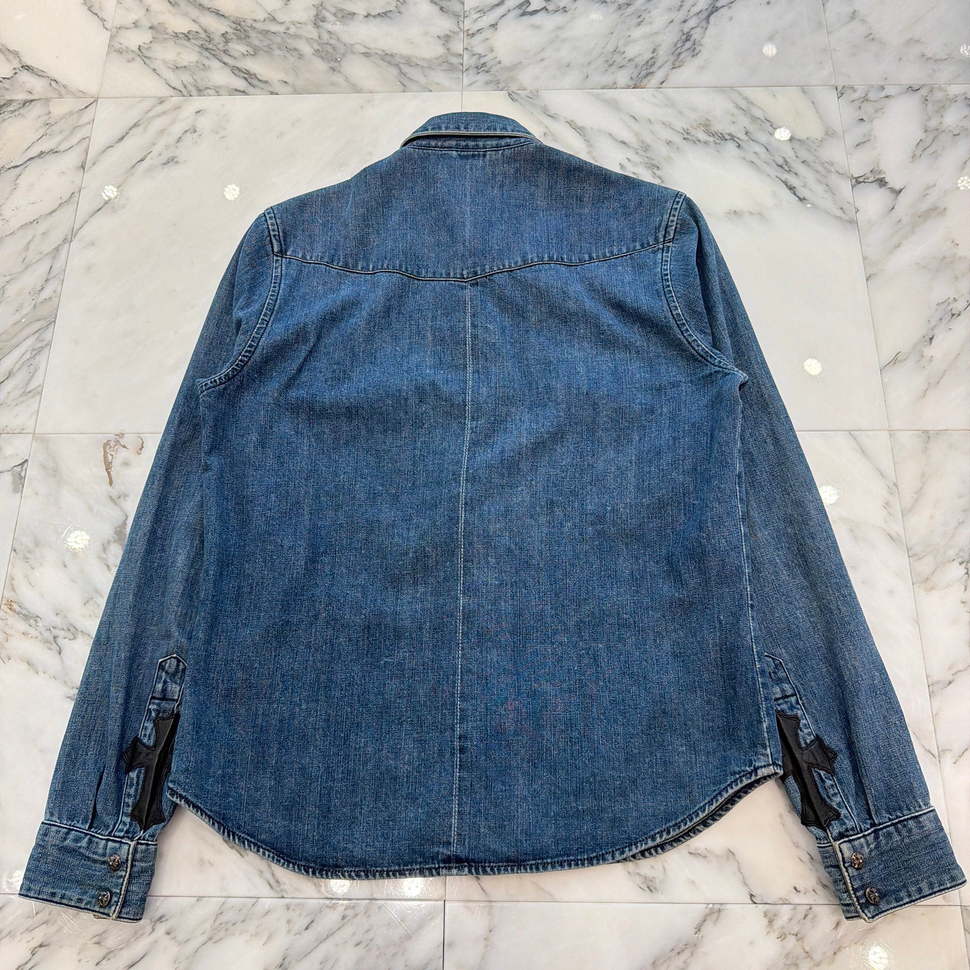 CHROME HEARTS Leather Cross Patch Western Denim Shirt Size SM クロムハーツ オールド レザー クロスパッチ ウェスタン デニムシャツ サイズSM
