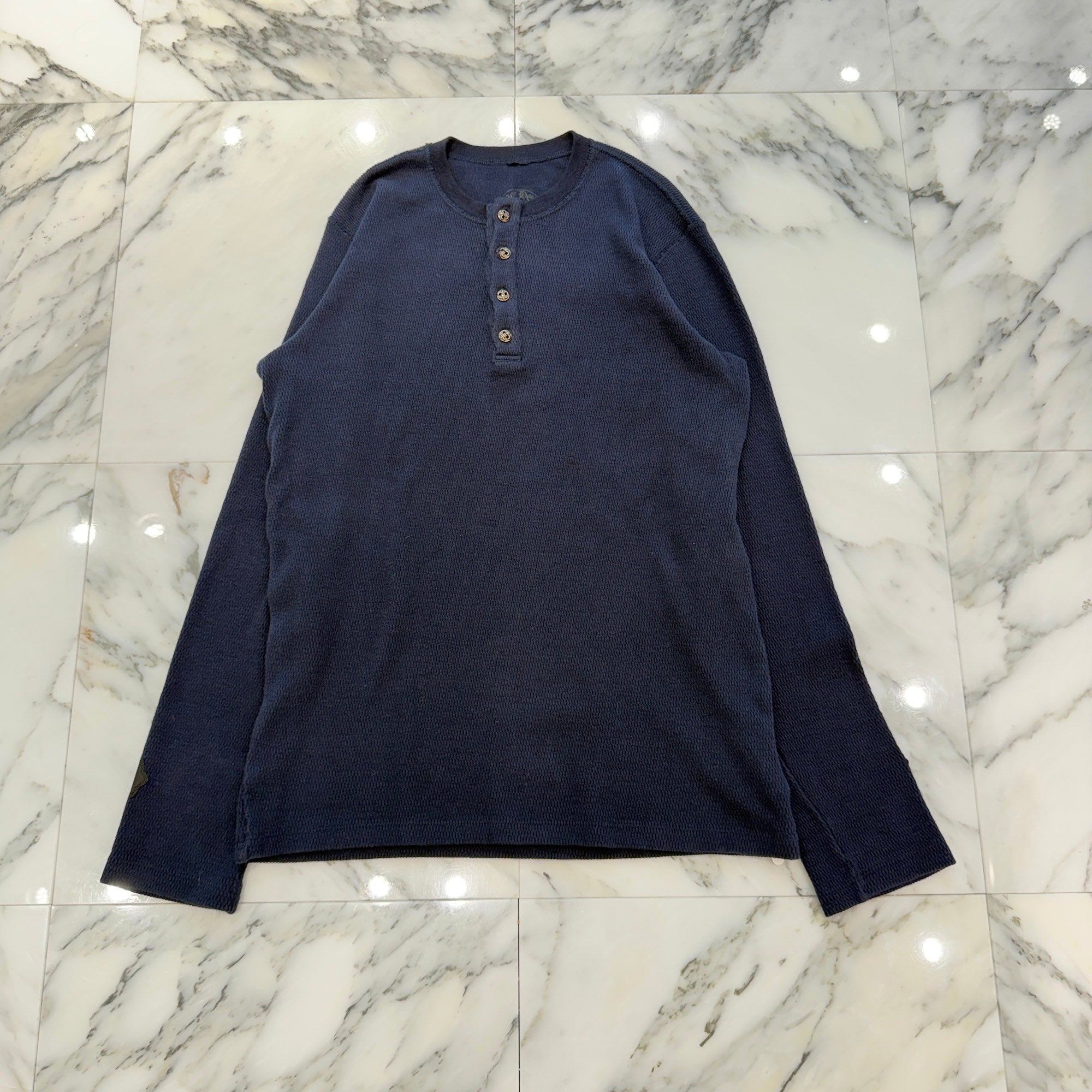 CHROME HEARTS BS Flare Button Cross Leather Patch Henry Neck Long Sleeve Tee Size M クロムハーツ BSフレア ボタン クロスレザーパッチ ヘンリーネック ロングスリーブTシャツ サイズM