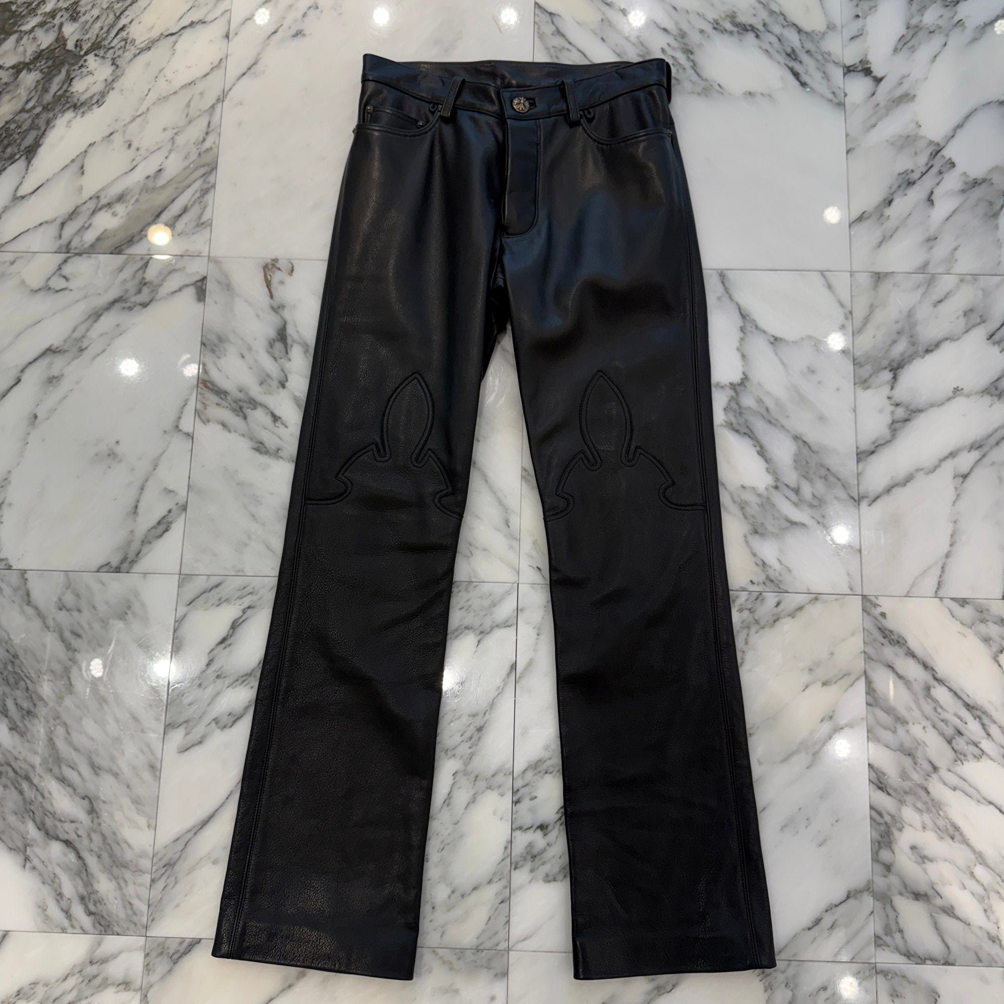 CHROME HEARTS Flare Knee Cross Ball Button Leather Pants Size 32 クロムハーツ フレアニー クロスボールボタン レザーパンツ サイズ32