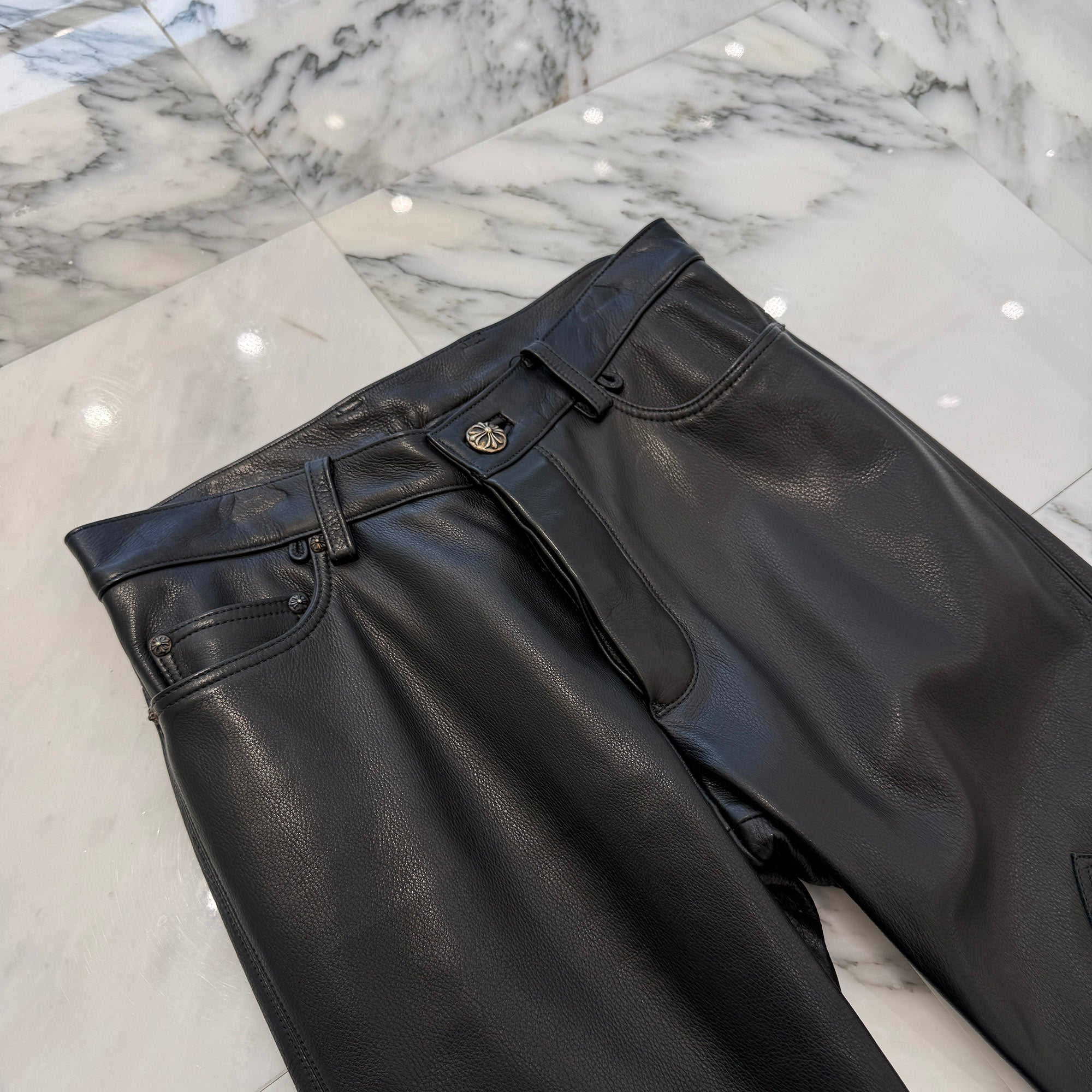 CHROME HEARTS Flare Knee Cross Ball Button Leather Pants Size 32 クロムハーツ フレアニー クロスボールボタン レザーパンツ サイズ32