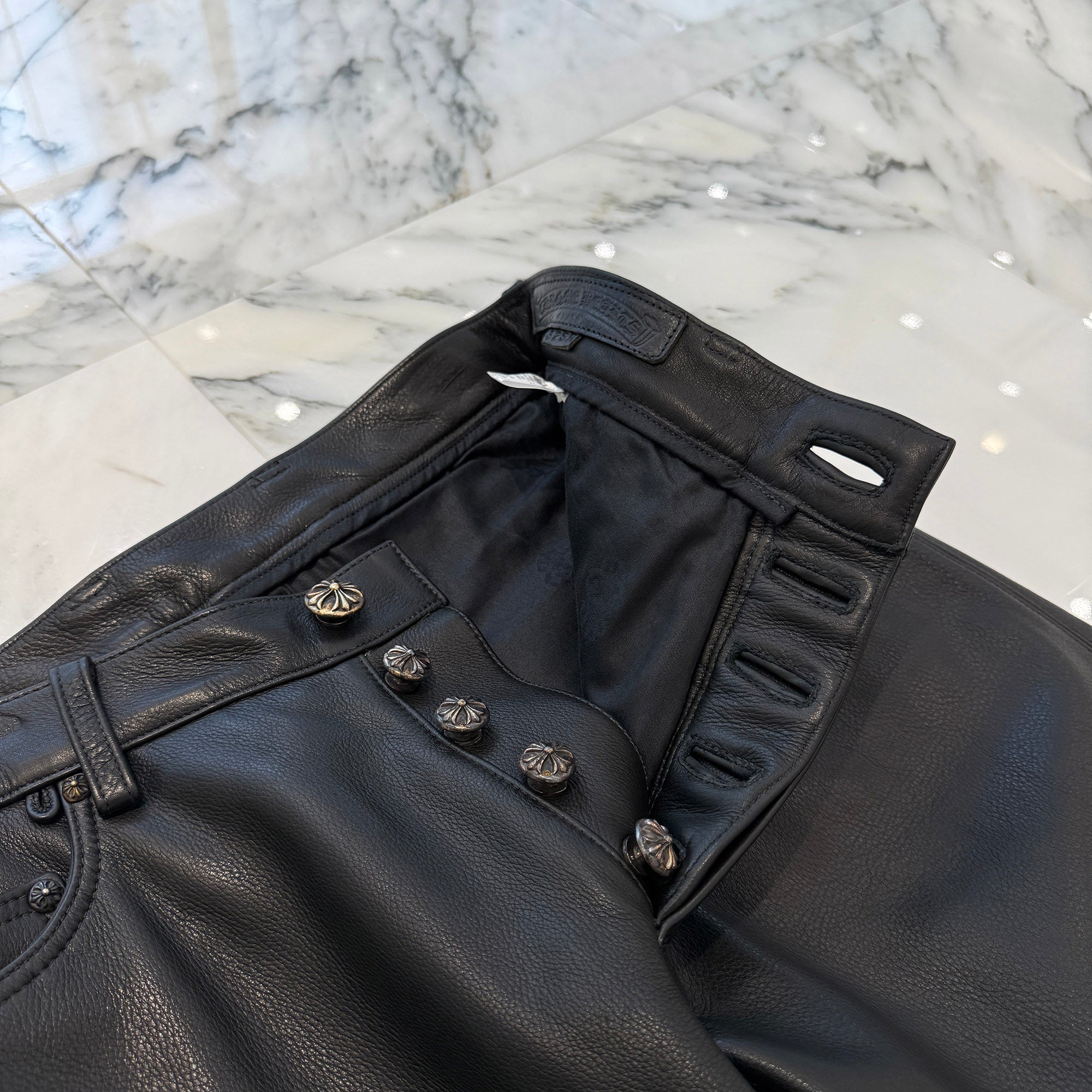 CHROME HEARTS Flare Knee Cross Ball Button Leather Pants Size 32 クロムハーツ フレアニー クロスボールボタン レザーパンツ サイズ32