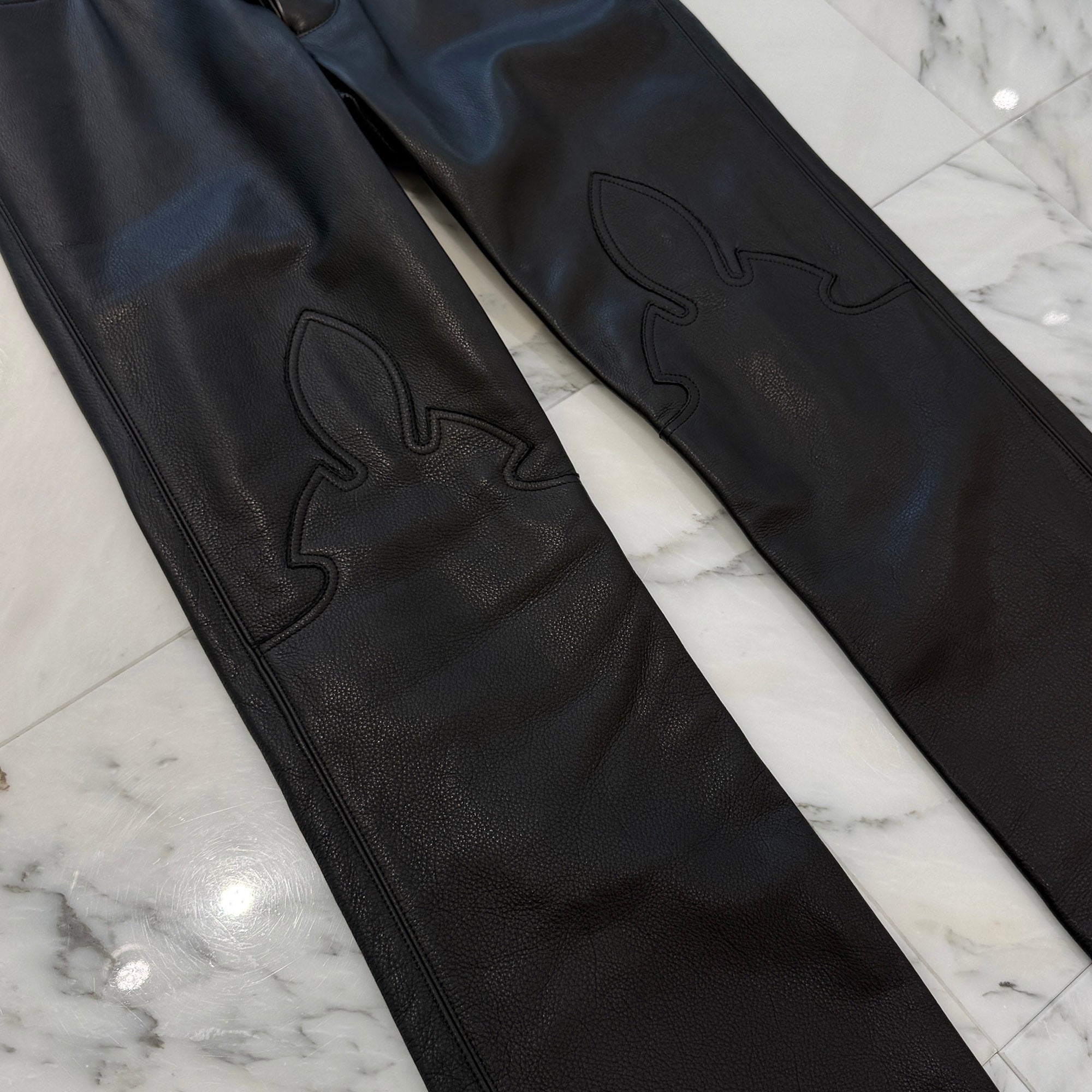 CHROME HEARTS Flare Knee Cross Ball Button Leather Pants Size 32 クロムハーツ フレアニー クロスボールボタン レザーパンツ サイズ32