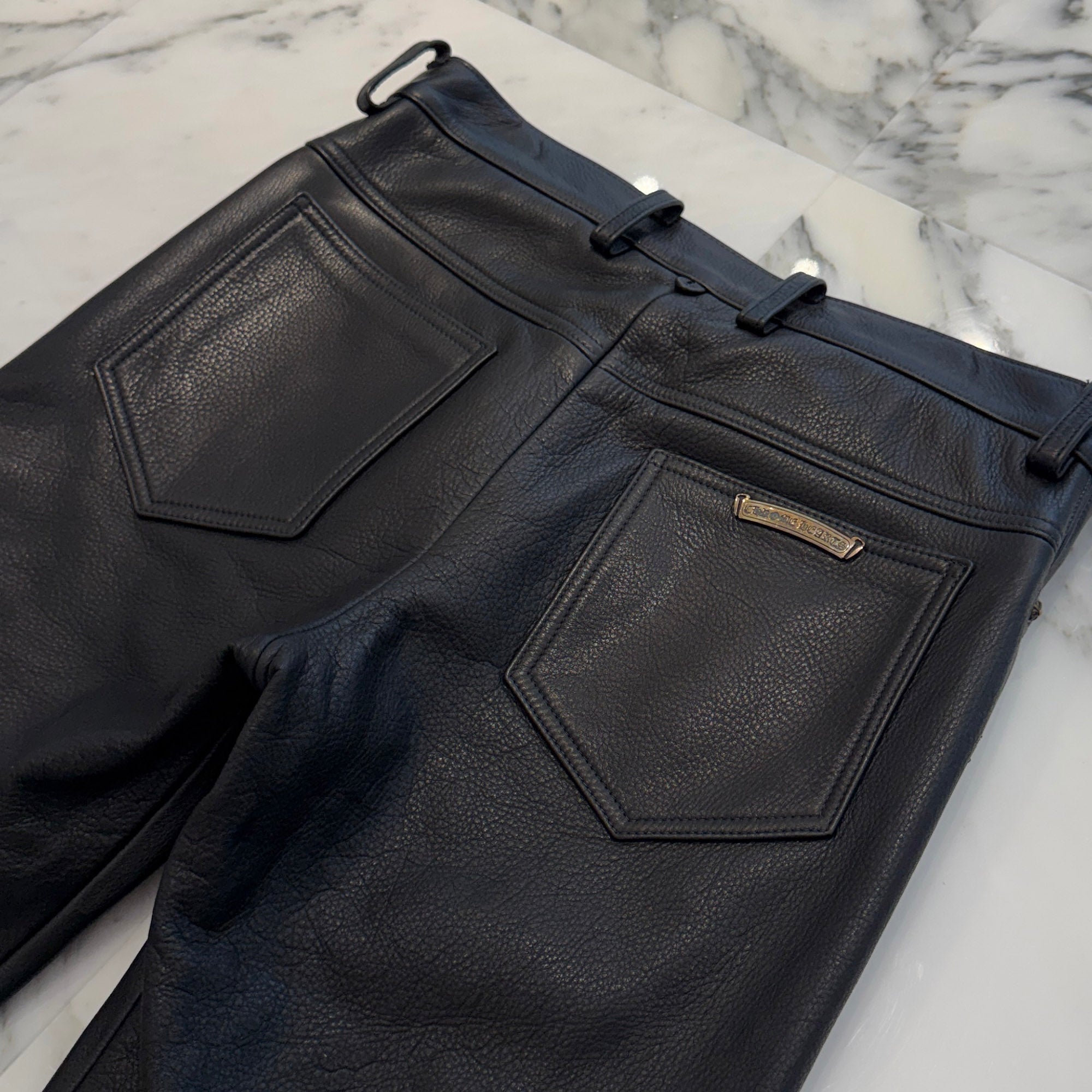 CHROME HEARTS Flare Knee Cross Ball Button Leather Pants Size 32 クロムハーツ フレアニー クロスボールボタン レザーパンツ サイズ32