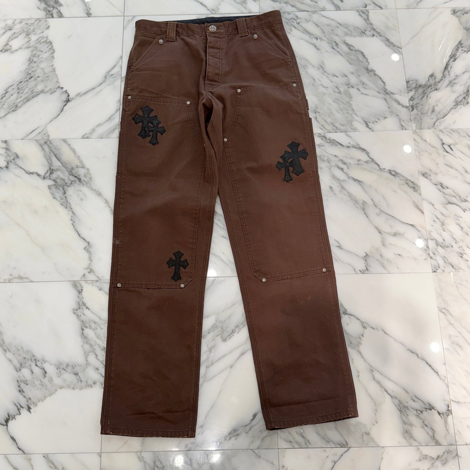 CHROME HEARTS Cross Leather Patch Carpenter Cross Ball Button Cotton Pants Size 32 クロムハーツ クロスレザーパッチ カーペンター クロスボールボタン コットンパンツ サイズ32