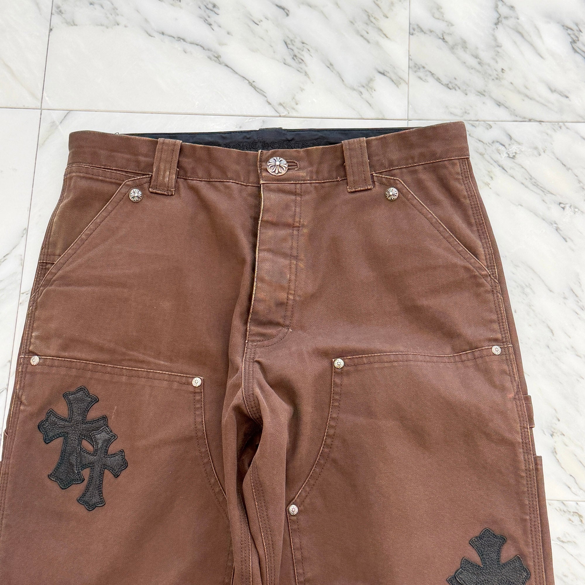 CHROME HEARTS Cross Leather Patch Carpenter Cross Ball Button Cotton Pants Size 32 クロムハーツ クロスレザーパッチ カーペンター クロスボールボタン コットンパンツ サイズ32