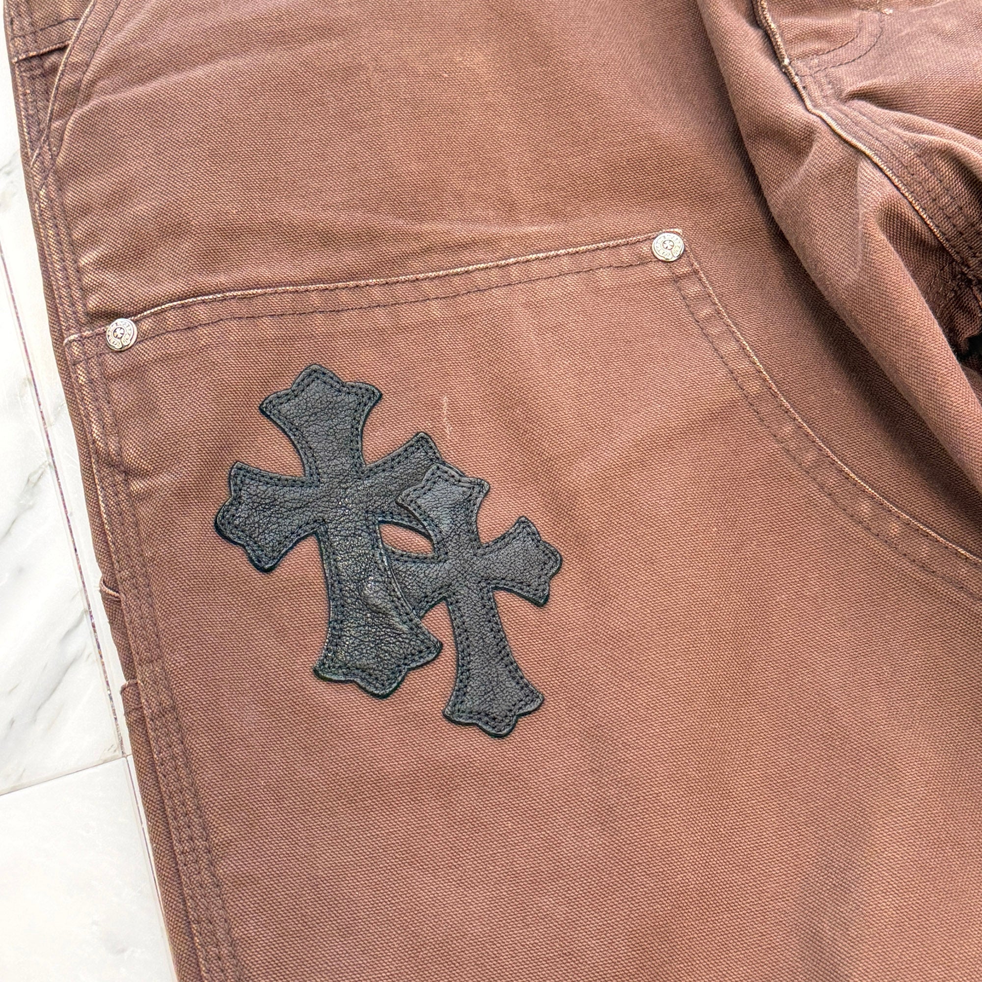 CHROME HEARTS Cross Leather Patch Carpenter Cross Ball Button Cotton Pants Size 32 クロムハーツ クロスレザーパッチ カーペンター クロスボールボタン コットンパンツ サイズ32