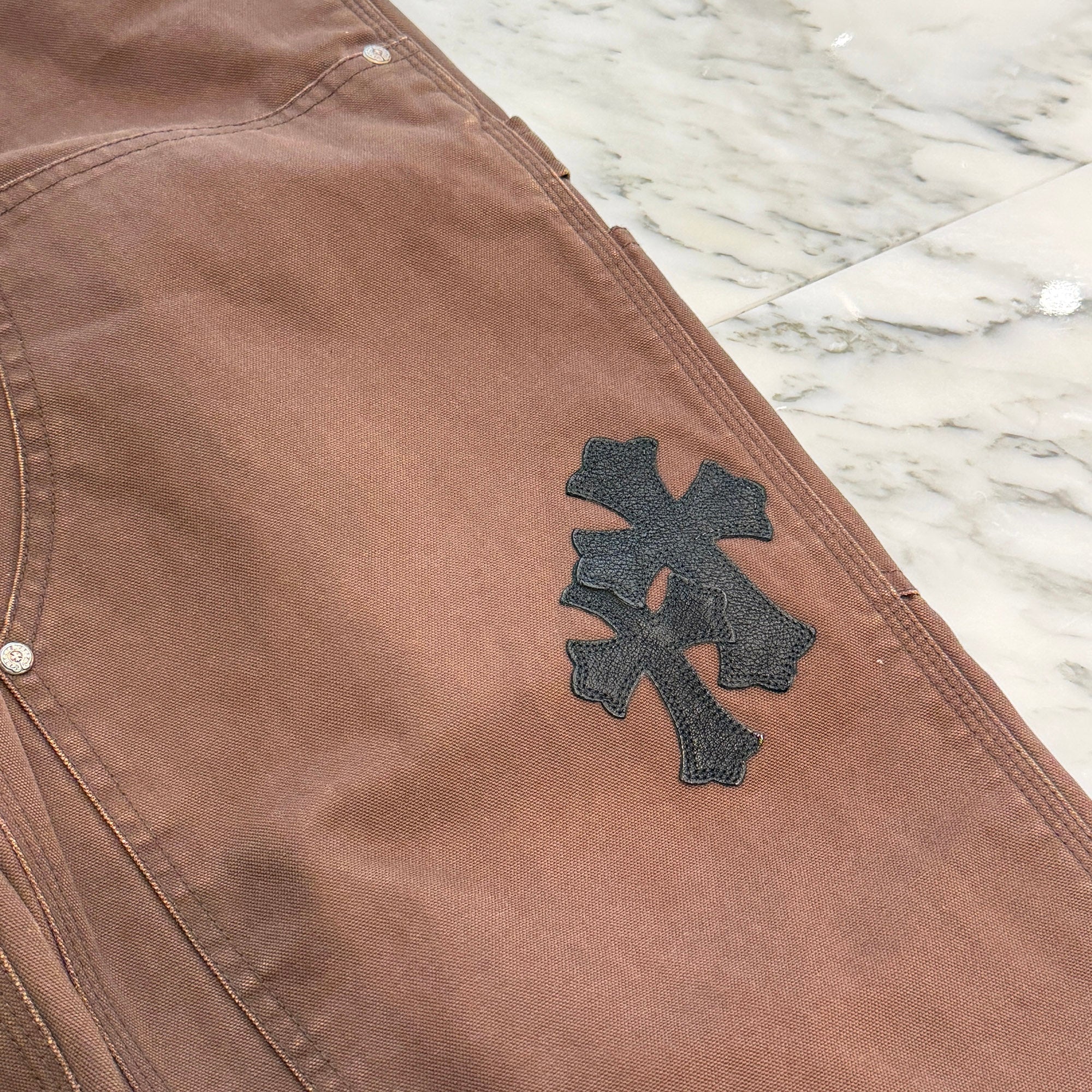 CHROME HEARTS Cross Leather Patch Carpenter Cross Ball Button Cotton Pants Size 32 クロムハーツ クロスレザーパッチ カーペンター クロスボールボタン コットンパンツ サイズ32