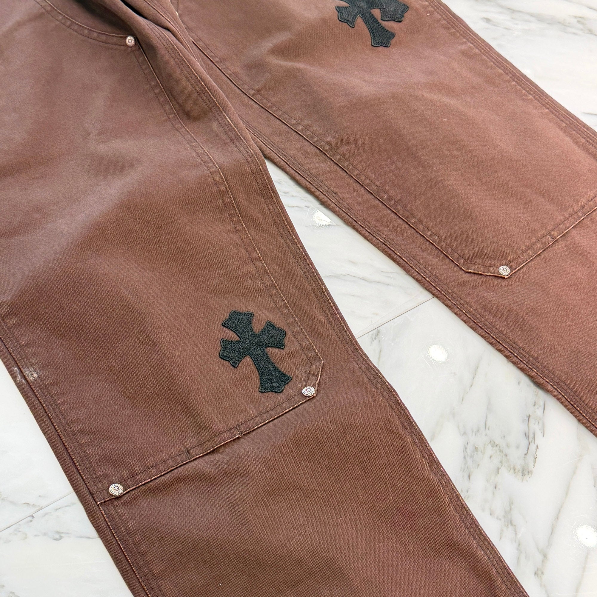 CHROME HEARTS Cross Leather Patch Carpenter Cross Ball Button Cotton Pants Size 32 クロムハーツ クロスレザーパッチ カーペンター クロスボールボタン コットンパンツ サイズ32