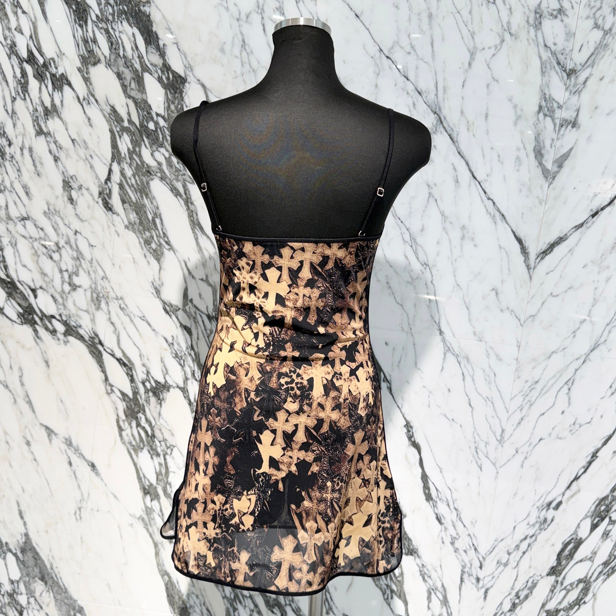 CHROME HEARTS Cemetery Cross Mesh Lace Slit Short Camisole Dress Size S クロムハーツ セメタリークロス メッシュ レース スリット ショートキャミワンピース サイズS