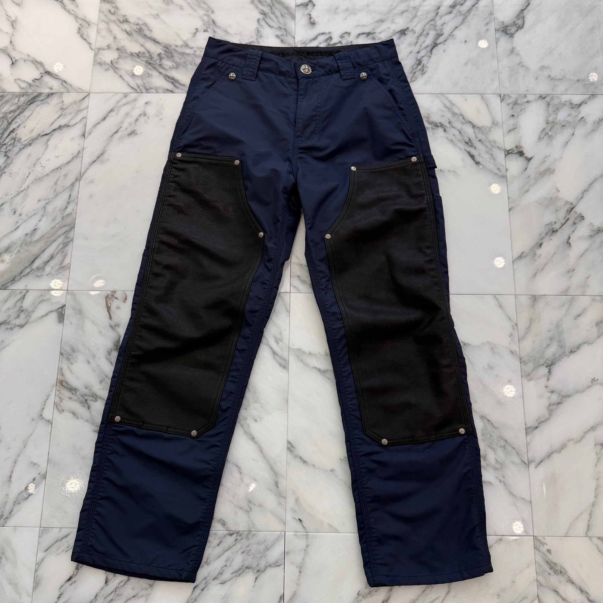 CHROME HEARTS Carpenter Leather Double Knee Nylon Leather Cross Patch Pants Size 27 クロムハーツ カーペンター レザーダブルニー ナイロン レザークロスパッチ ロングパンツ サイズ27