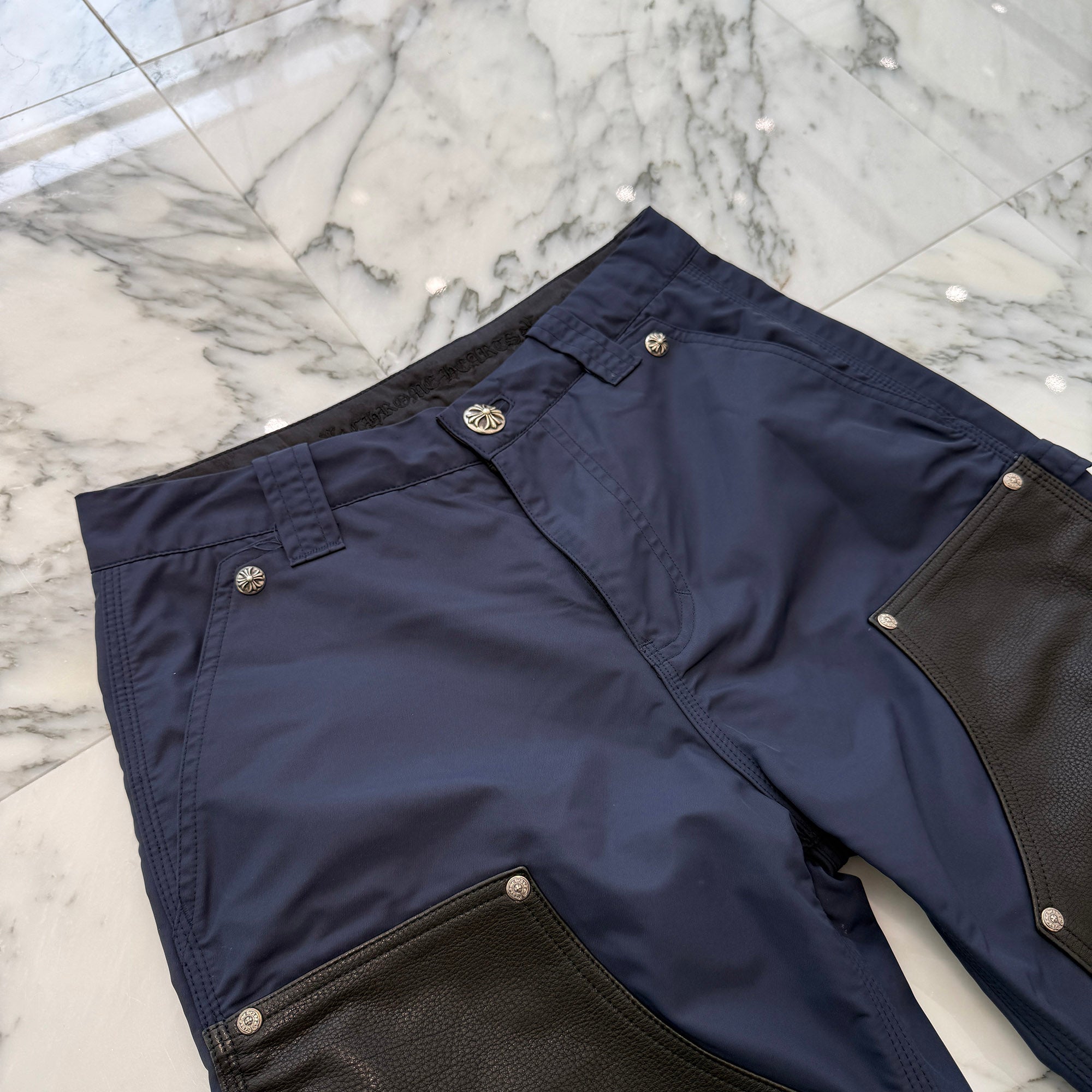 CHROME HEARTS Carpenter Leather Double Knee Nylon Leather Cross Patch Pants Size 27 クロムハーツ カーペンター レザーダブルニー ナイロン レザークロスパッチ ロングパンツ サイズ27