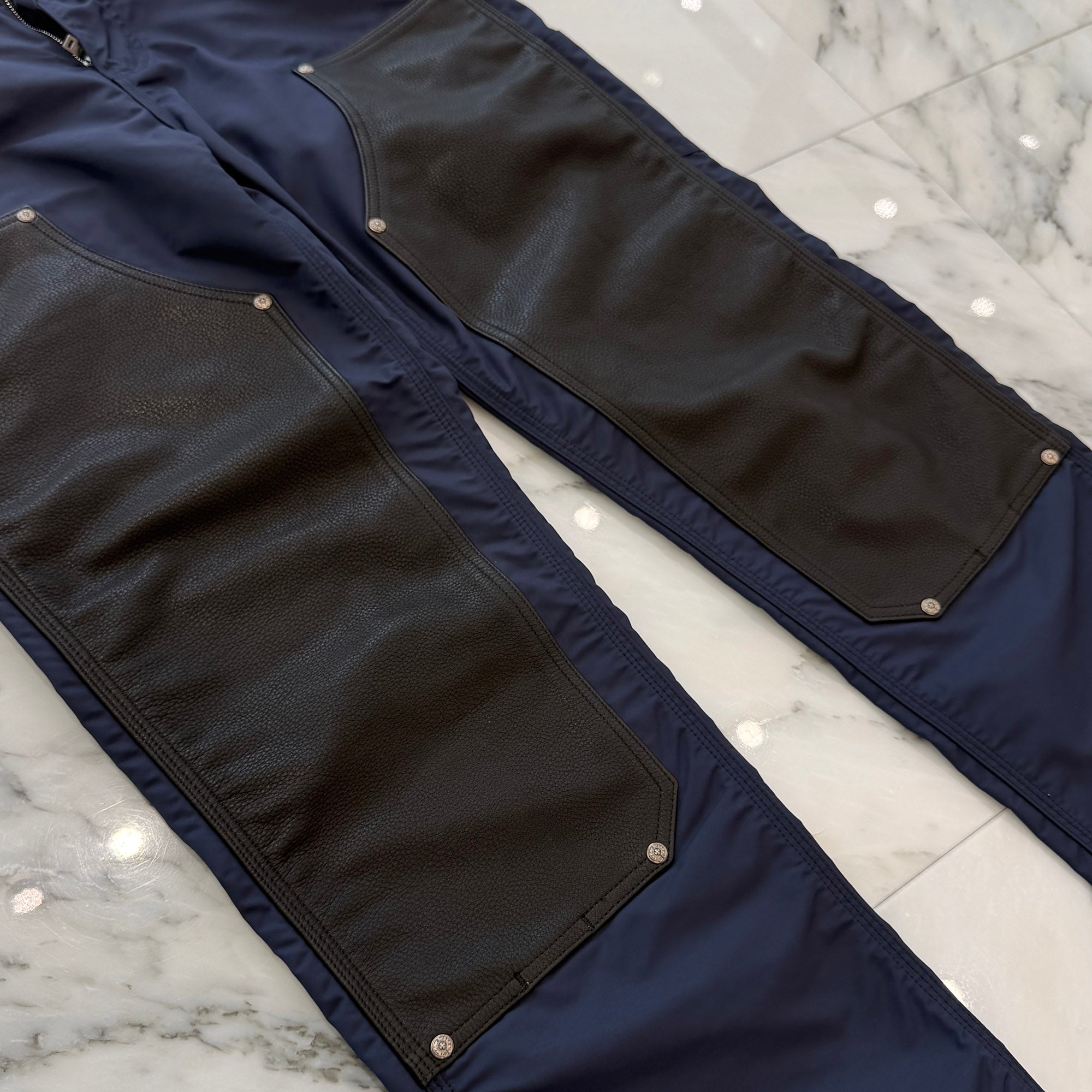 CHROME HEARTS Carpenter Leather Double Knee Nylon Leather Cross Patch Pants Size 27 クロムハーツ カーペンター レザーダブルニー ナイロン レザークロスパッチ ロングパンツ サイズ27