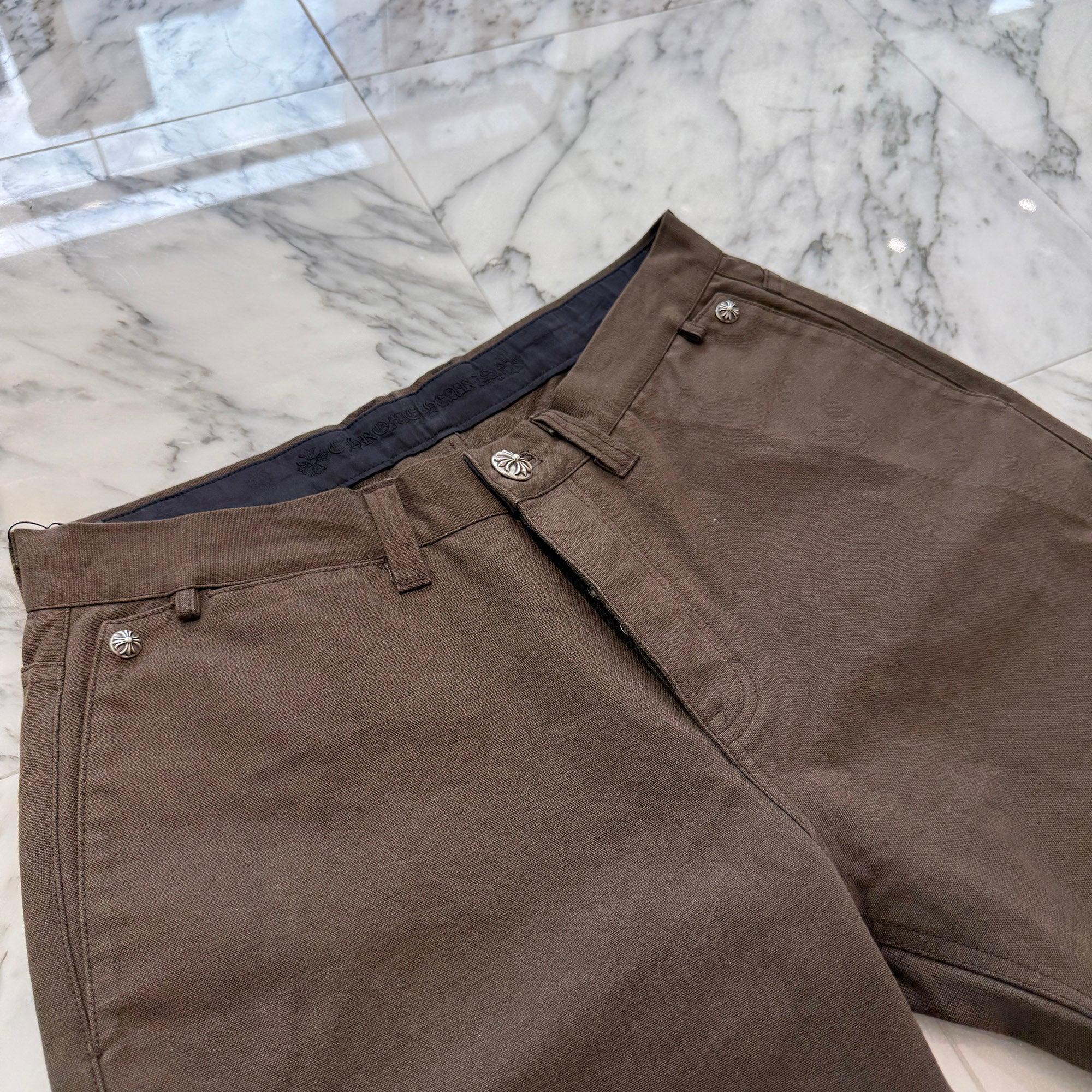 CHROME HEARTS Cemetery Cross Leather Patch Cotton Cargo Pants Size 34 クロムハーツ セメタリー クロス レザー パッチ コットン カーゴ パンツ ブラウン サイズ34