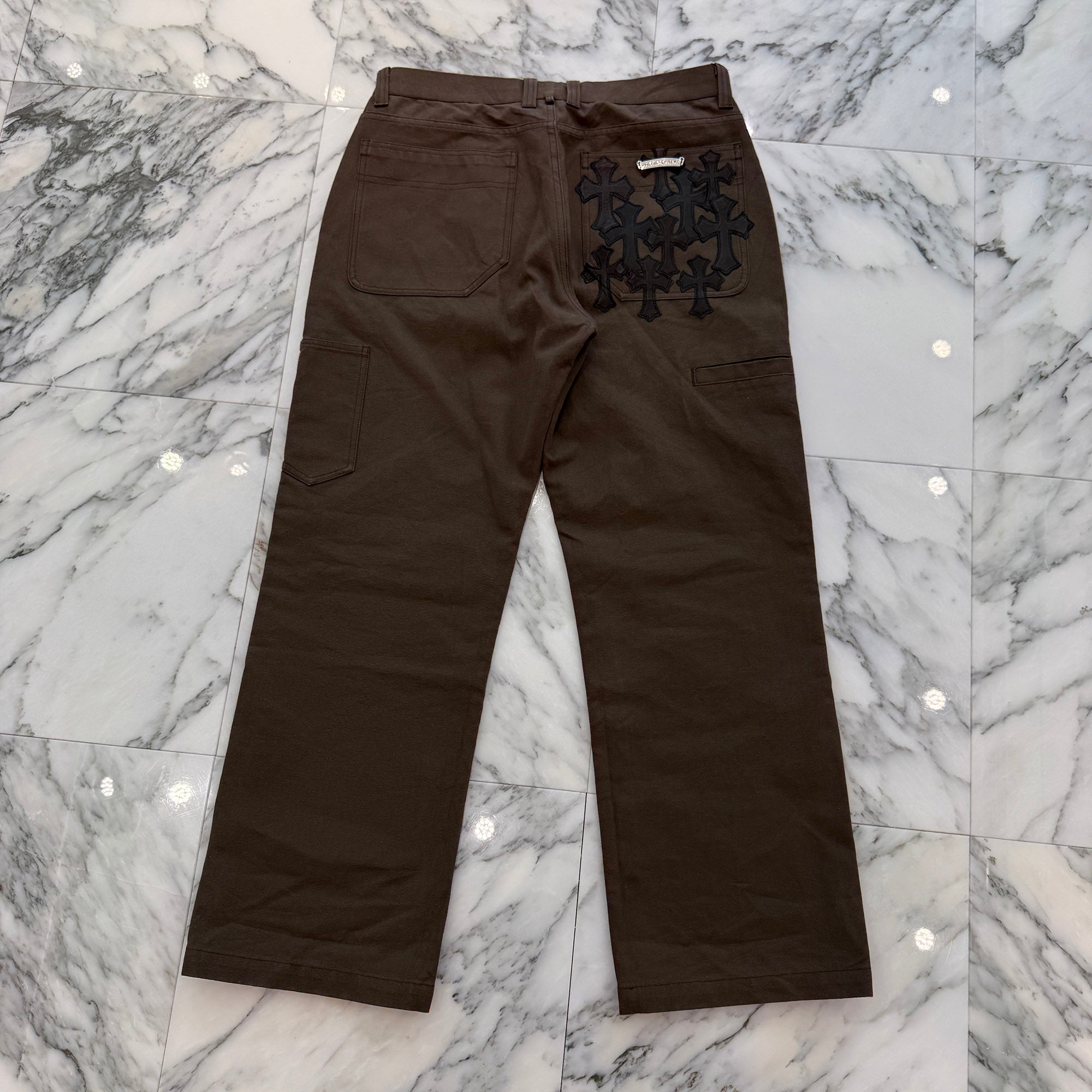 CHROME HEARTS Cemetery Cross Leather Patch Cotton Cargo Pants Size