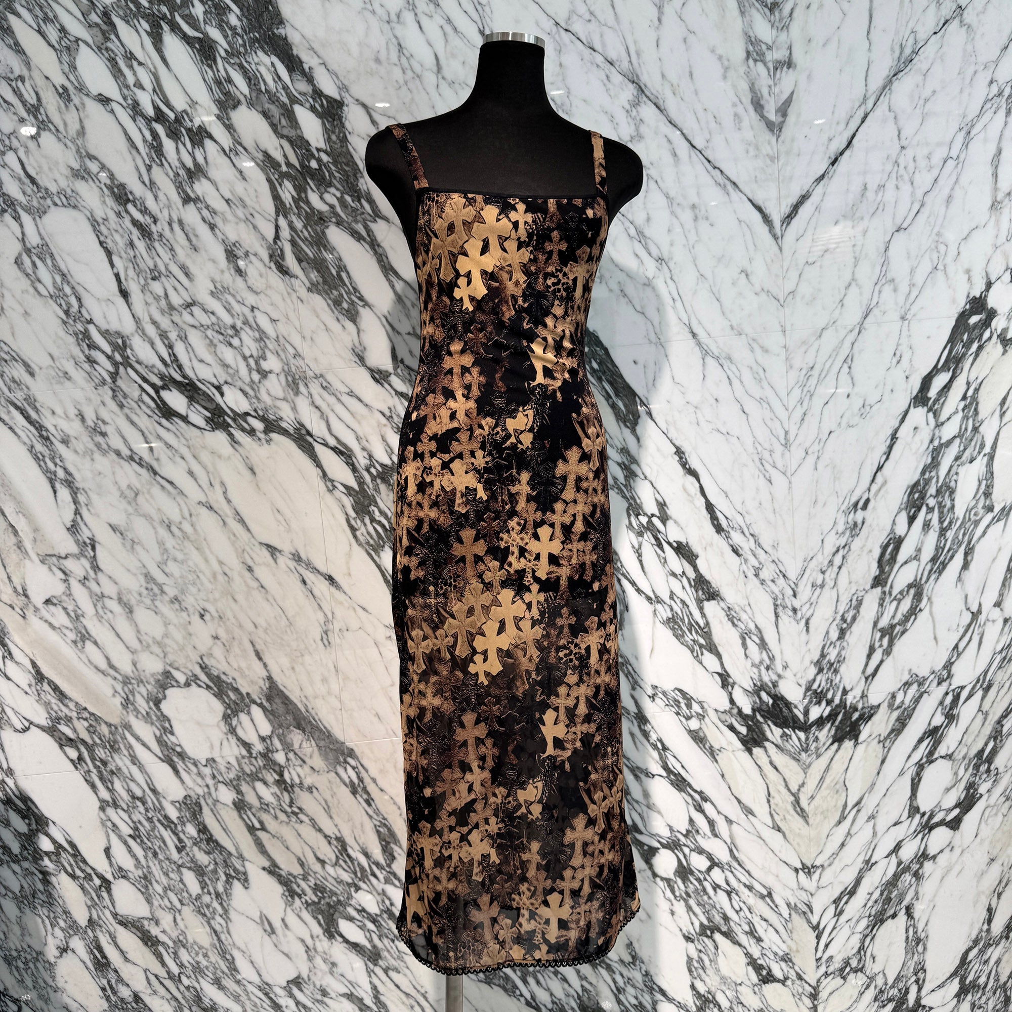 CHROME HEARTS Cemetery Cross Mesh Lace Long Camisole Dress Size S