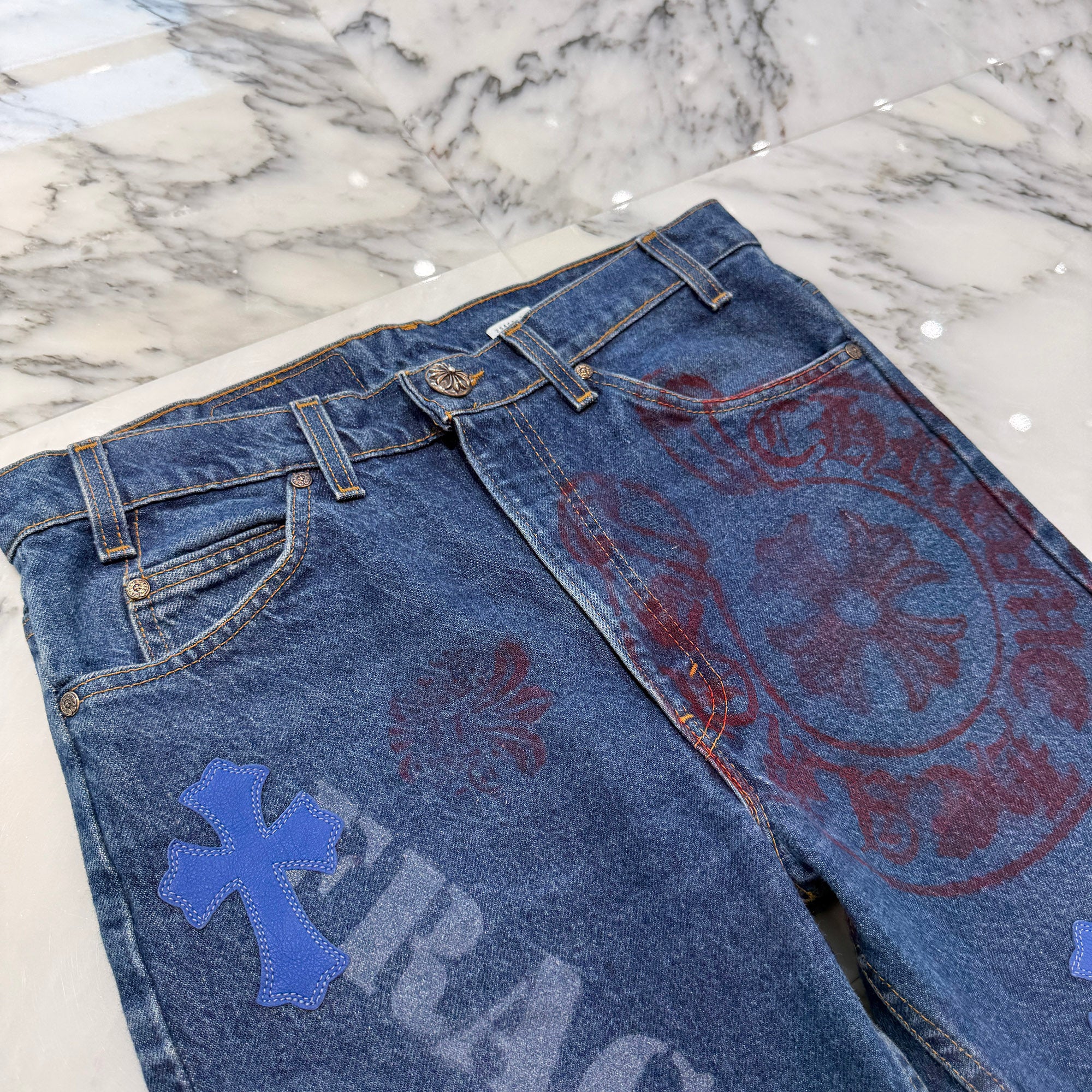 CHROME HEARTS × Levi's 517 VNTG Stencil Cemetery Cross Leather Patch Denim Pants Size 32 クロムハーツ × リーバイス 517 ヴィンテージ ステンシル柄 セメタリークロス レザーパッチ デニムパンツ サイズ32