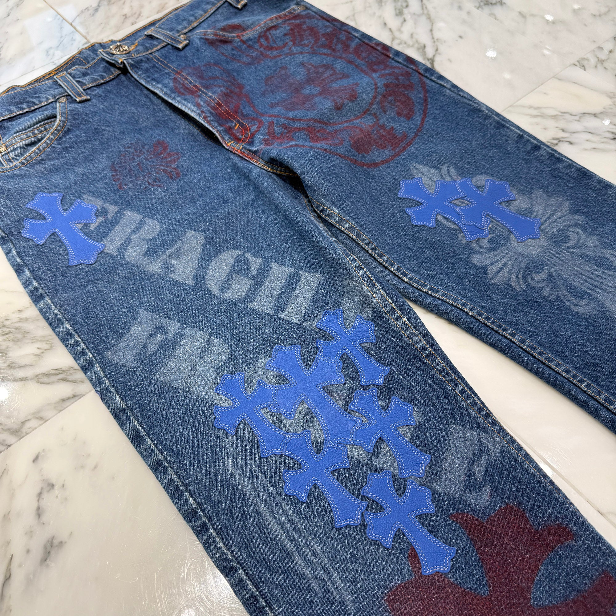 CHROME HEARTS × Levi's 517 VNTG Stencil Cemetery Cross Leather Patch Denim Pants Size 32 クロムハーツ × リーバイス 517 ヴィンテージ ステンシル柄 セメタリークロス レザーパッチ デニムパンツ サイズ32