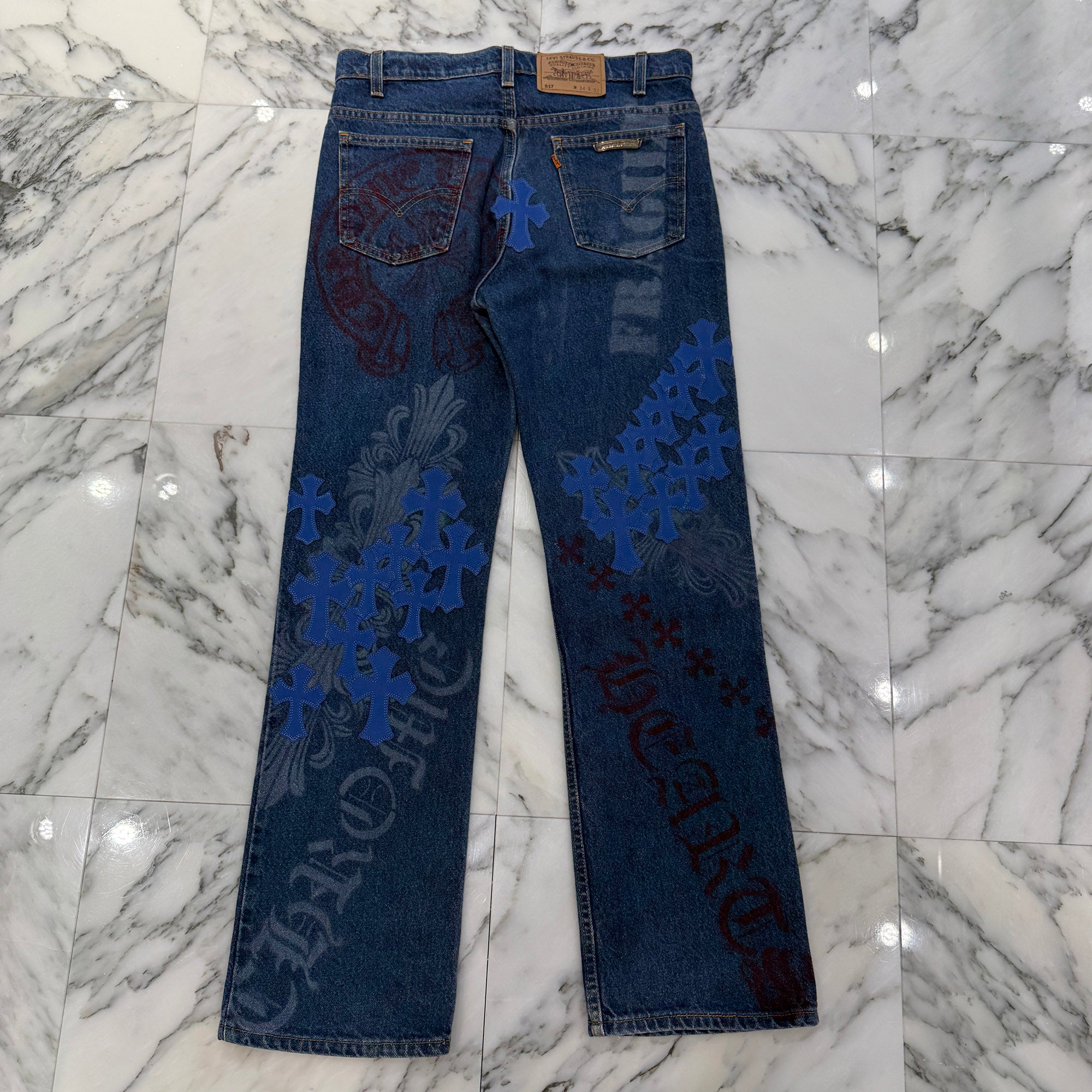 CHROME HEARTS × Levi's 517 VNTG Stencil Cemetery Cross Leather Patch Denim Pants Size 32 クロムハーツ × リーバイス 517 ヴィンテージ ステンシル柄 セメタリークロス レザーパッチ デニムパンツ サイズ32