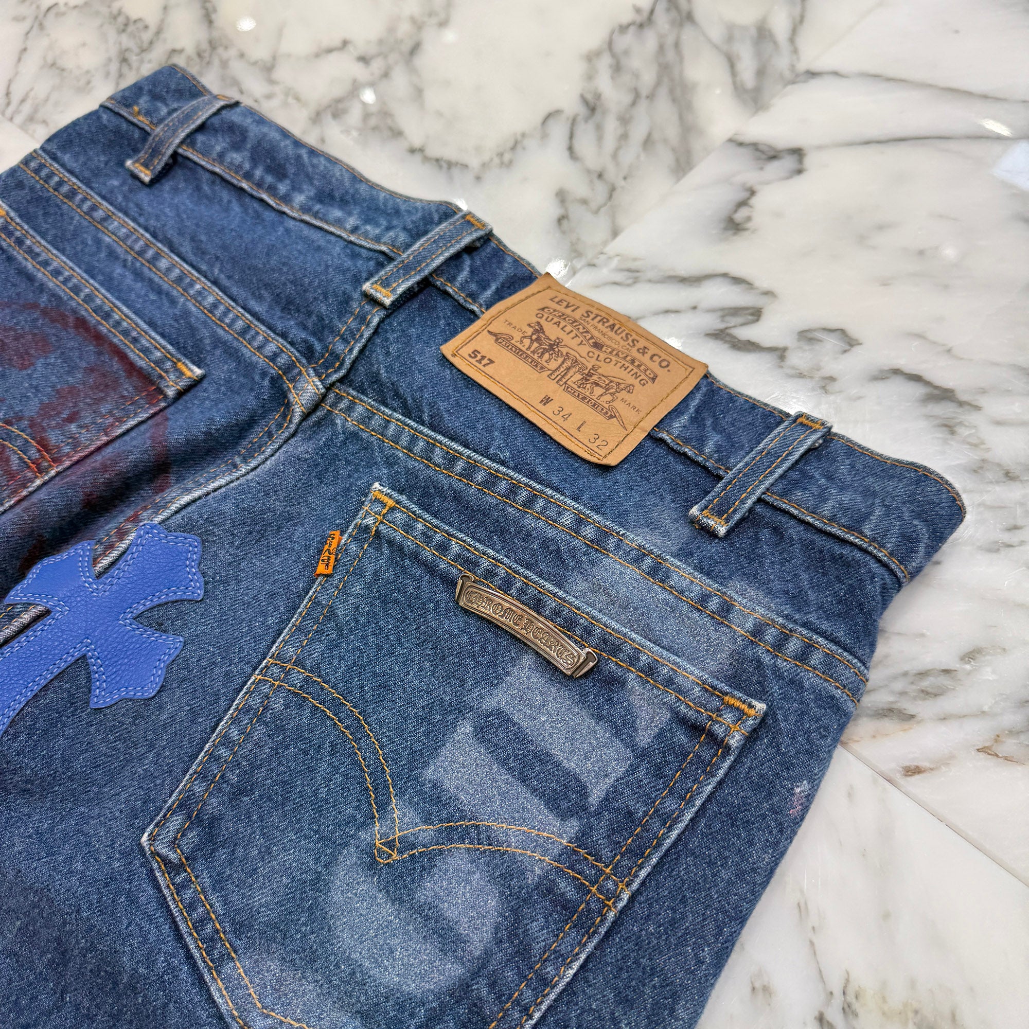 CHROME HEARTS × Levi's 517 VNTG Stencil Cemetery Cross Leather Patch Denim Pants Size 32 クロムハーツ × リーバイス 517 ヴィンテージ ステンシル柄 セメタリークロス レザーパッチ デニムパンツ サイズ32