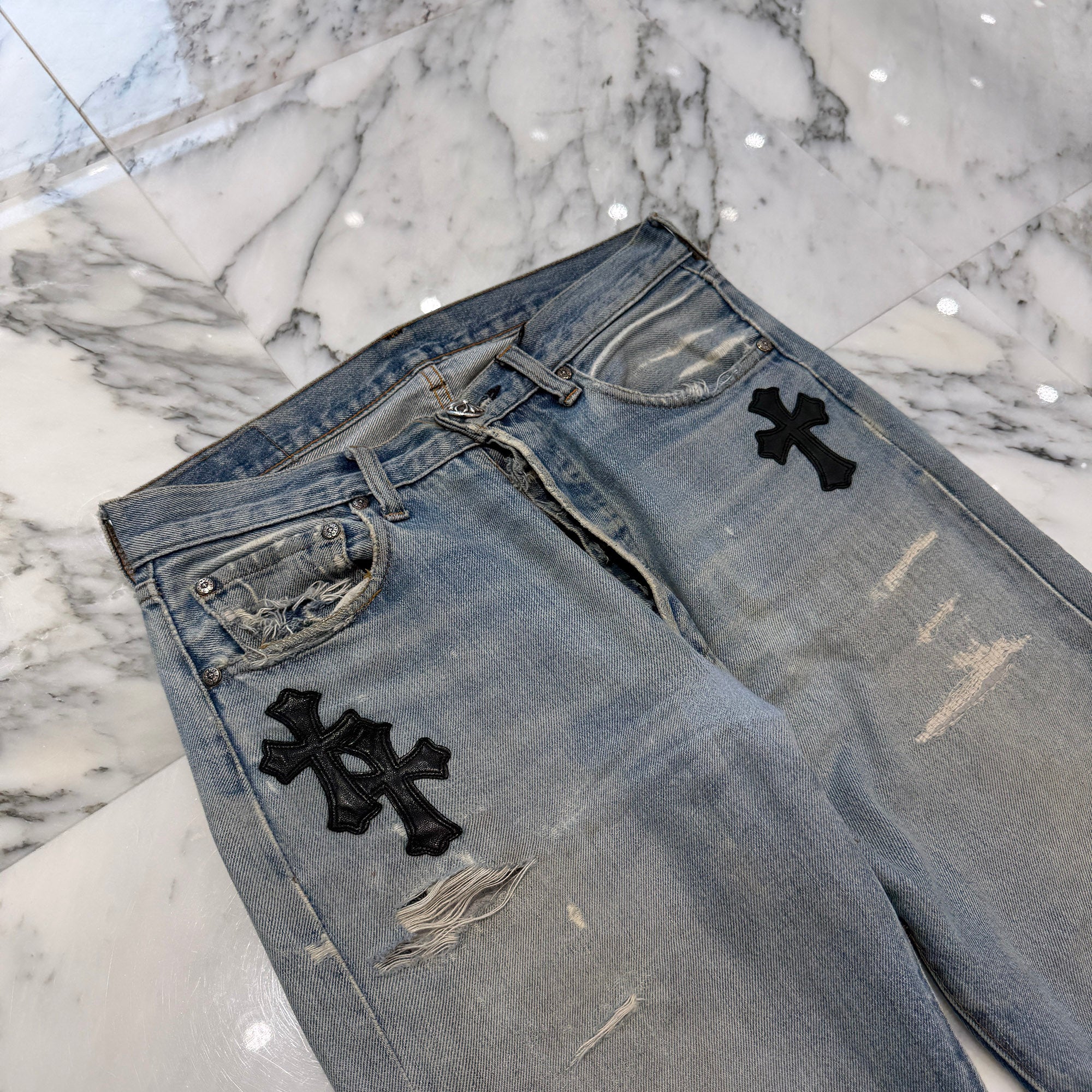 CHROME HEARTS × Levi's 501 VNTG Leather Cross Patch Jeans Size 29