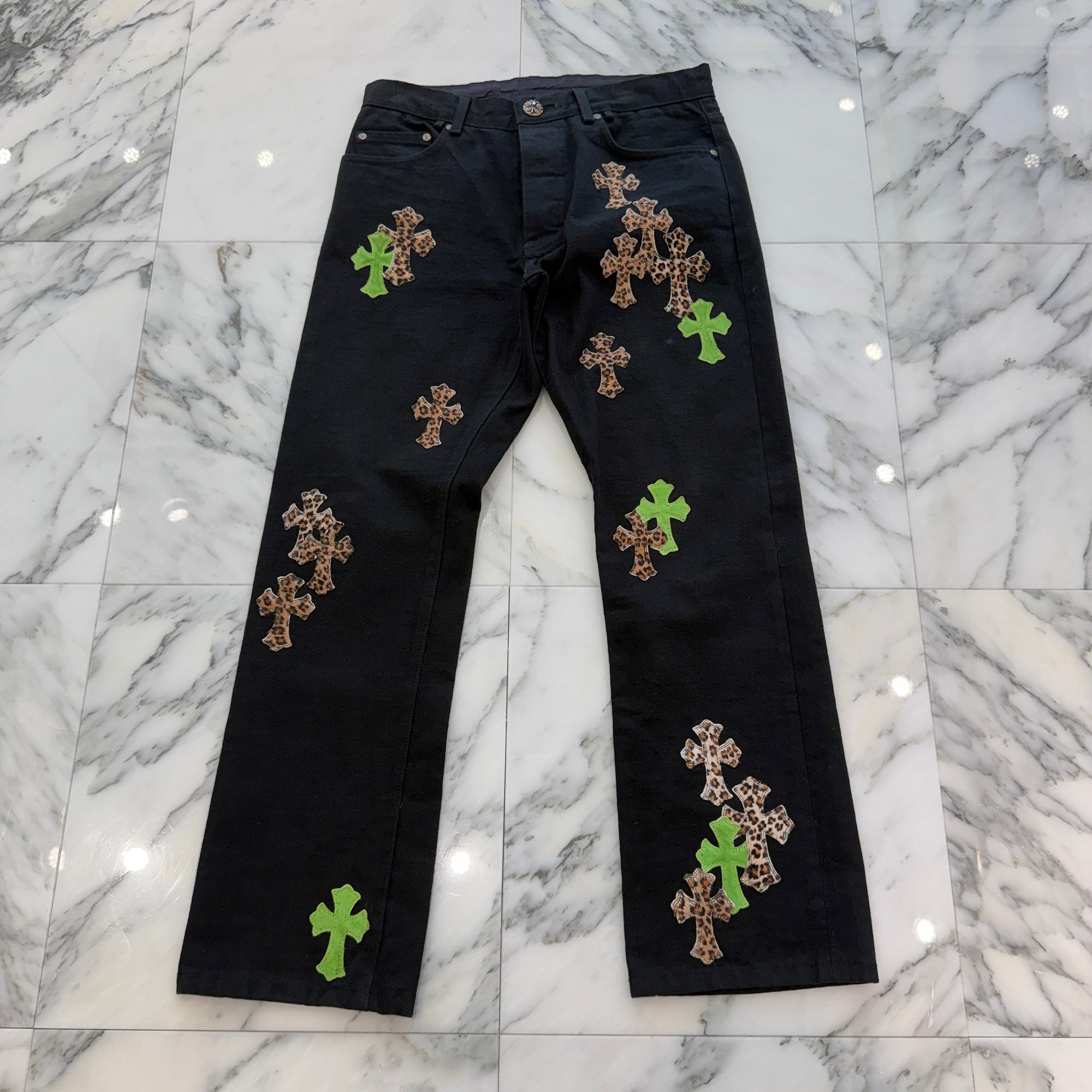 CHROME HEARTS Multi Leather Patch Cross Ball Button Denim Pants