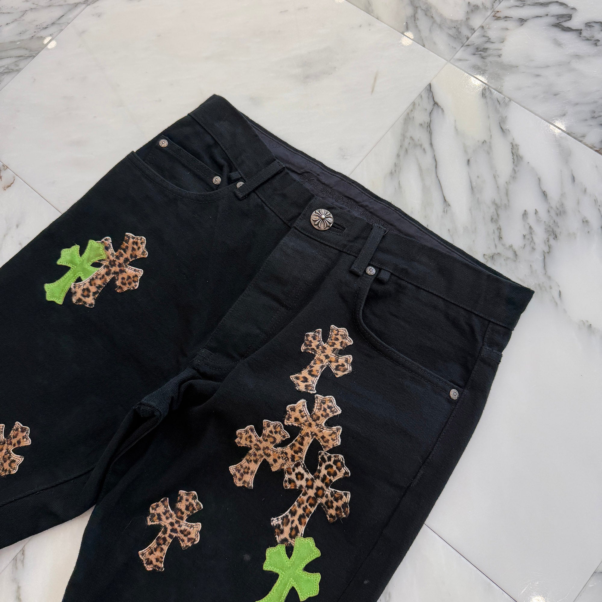 CHROME HEARTS Multi Leather Patch Cross Ball Button Denim Pants Size 32 クロムハーツ マルチレザーパッチ クロスボールボタン デニムパンツ サイズ32