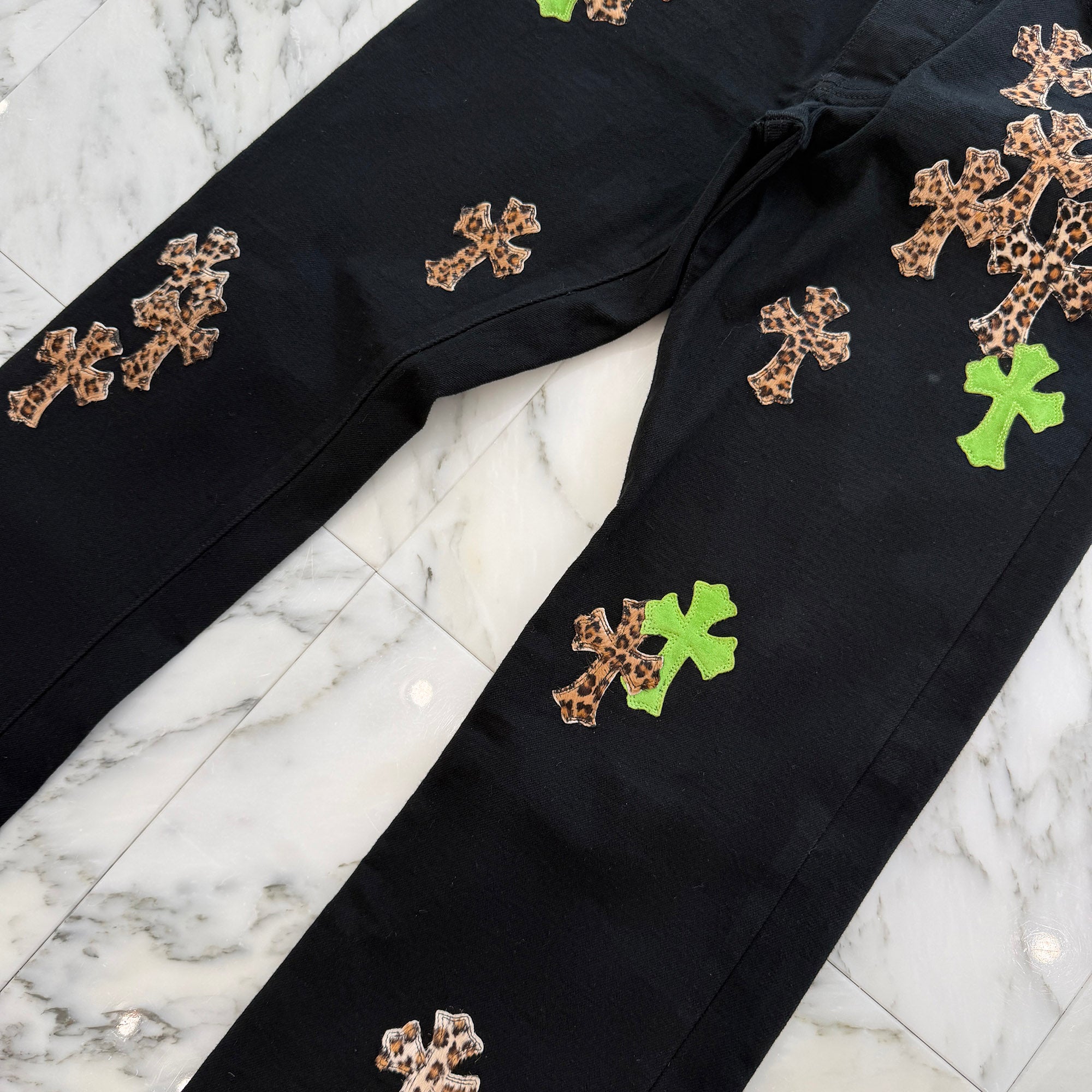 CHROME HEARTS Multi Leather Patch Cross Ball Button Denim Pants