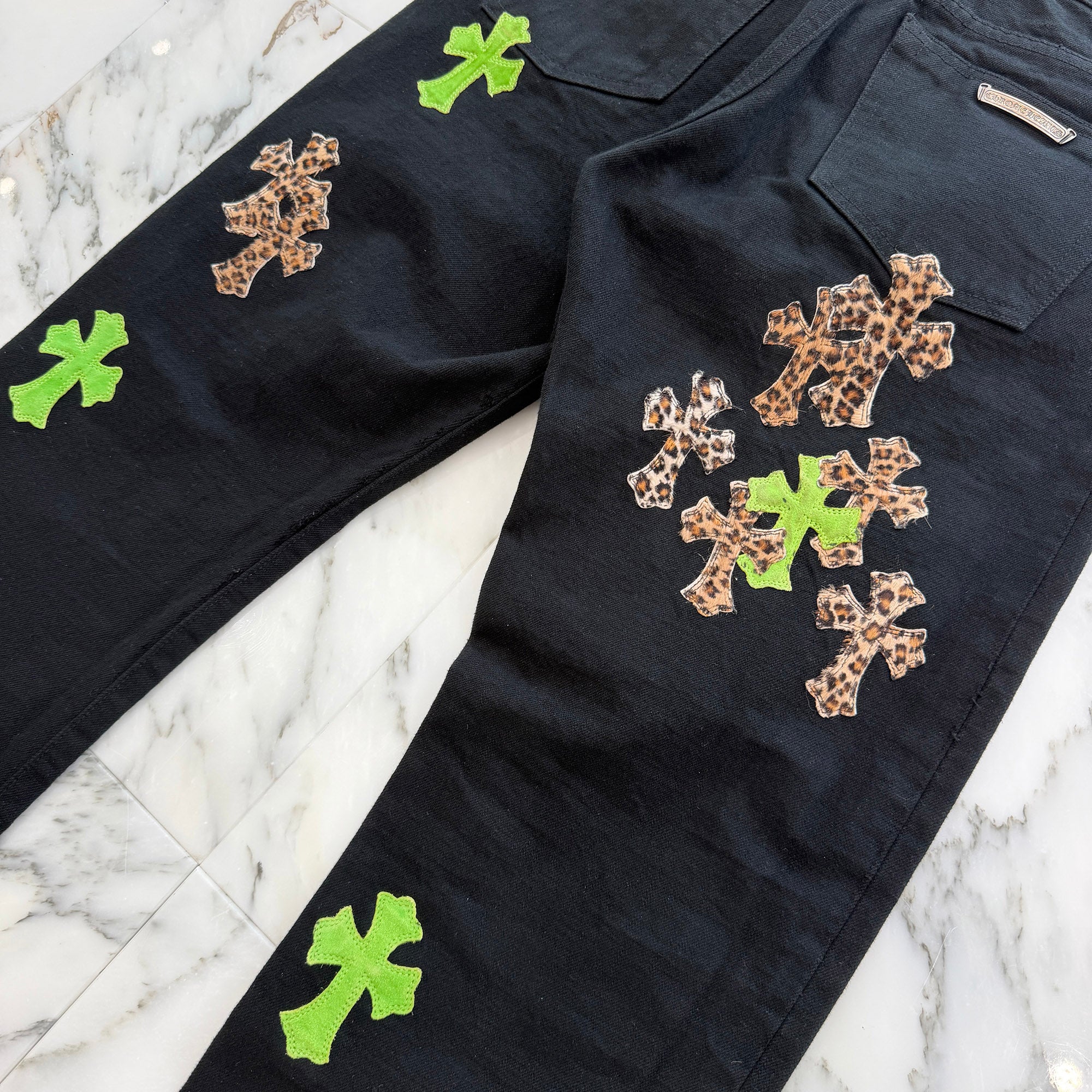 CHROME HEARTS Multi Leather Patch Cross Ball Button Denim Pants