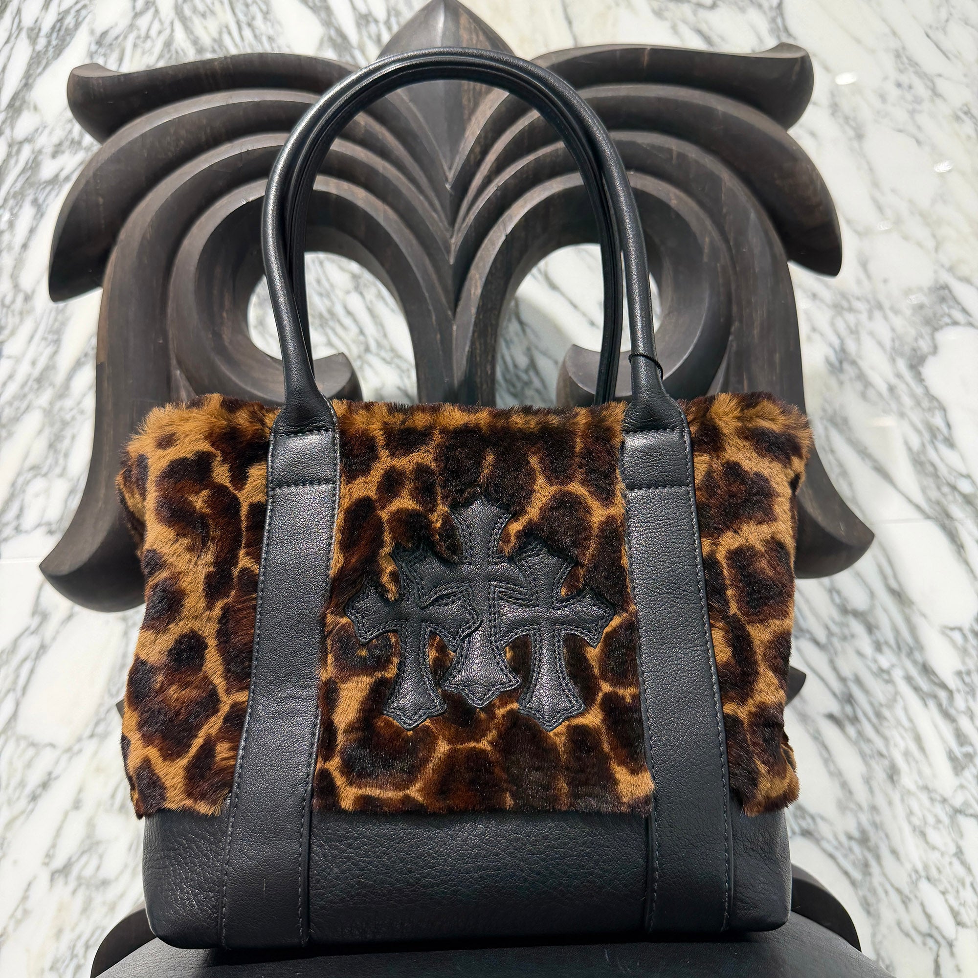 CHROME HEARTS 3 Cemetery Cross Leather Patch Leopard Fur Tote Mini Bag クロムハーツ 3セメタリークロス レザーパッチ レオパード ファー トート ミニ バッグ
