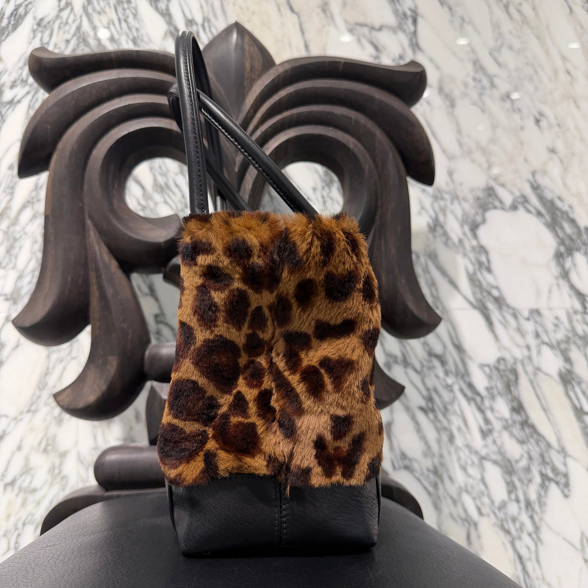 CHROME HEARTS 3 Cemetery Cross Leather Patch Leopard Fur Tote Mini Bag クロムハーツ 3セメタリークロス レザーパッチ レオパード ファー トート ミニ バッグ