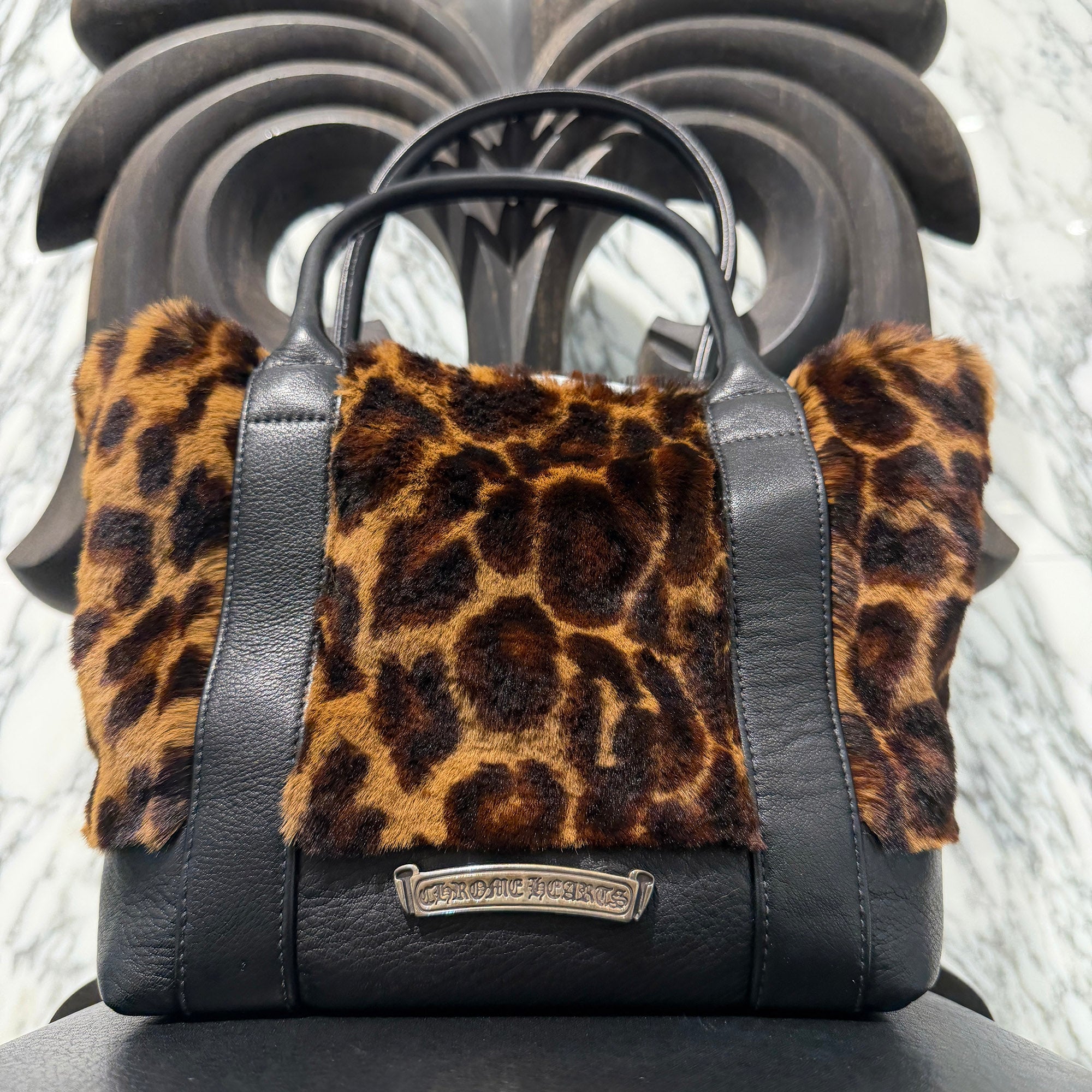 CHROME HEARTS 3 Cemetery Cross Leather Patch Leopard Fur Tote Mini Bag クロムハーツ 3セメタリークロス レザーパッチ レオパード ファー トート ミニ バッグ