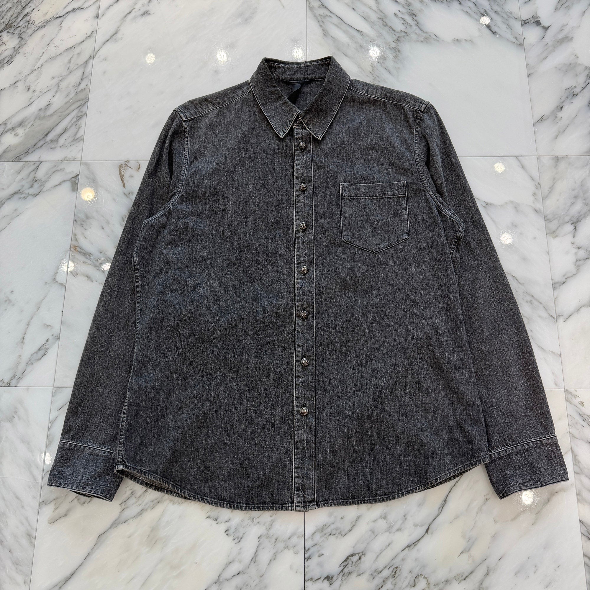 CHROME HEARTS Y NOT Leather Cross Patch Denim Shirts Size L クロムハーツ ワイノット レザークロスパッチ デニムシャツ サイズL