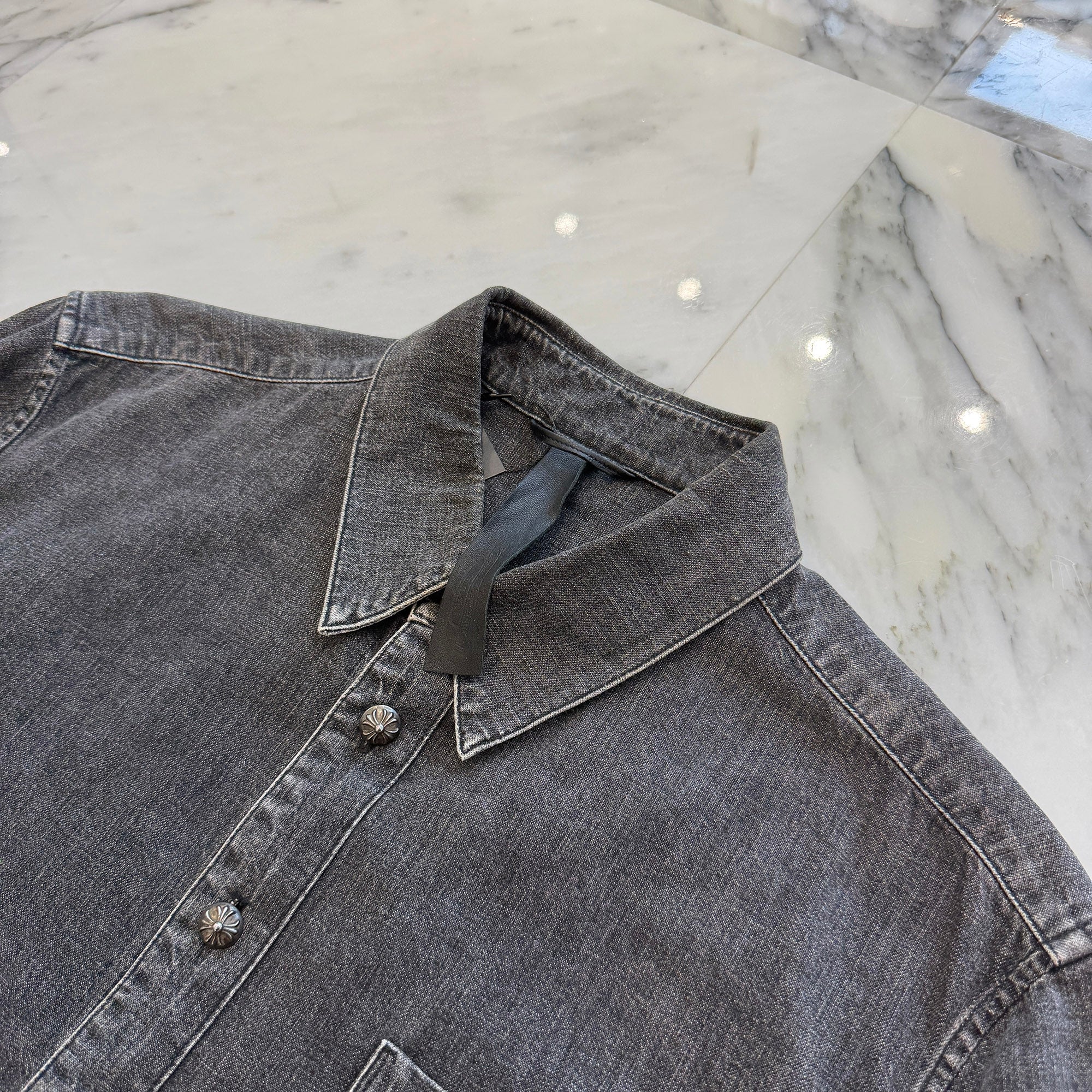 CHROME HEARTS Y NOT Leather Cross Patch Denim Shirts Size L クロムハーツ ワイノット レザークロスパッチ デニムシャツ サイズL