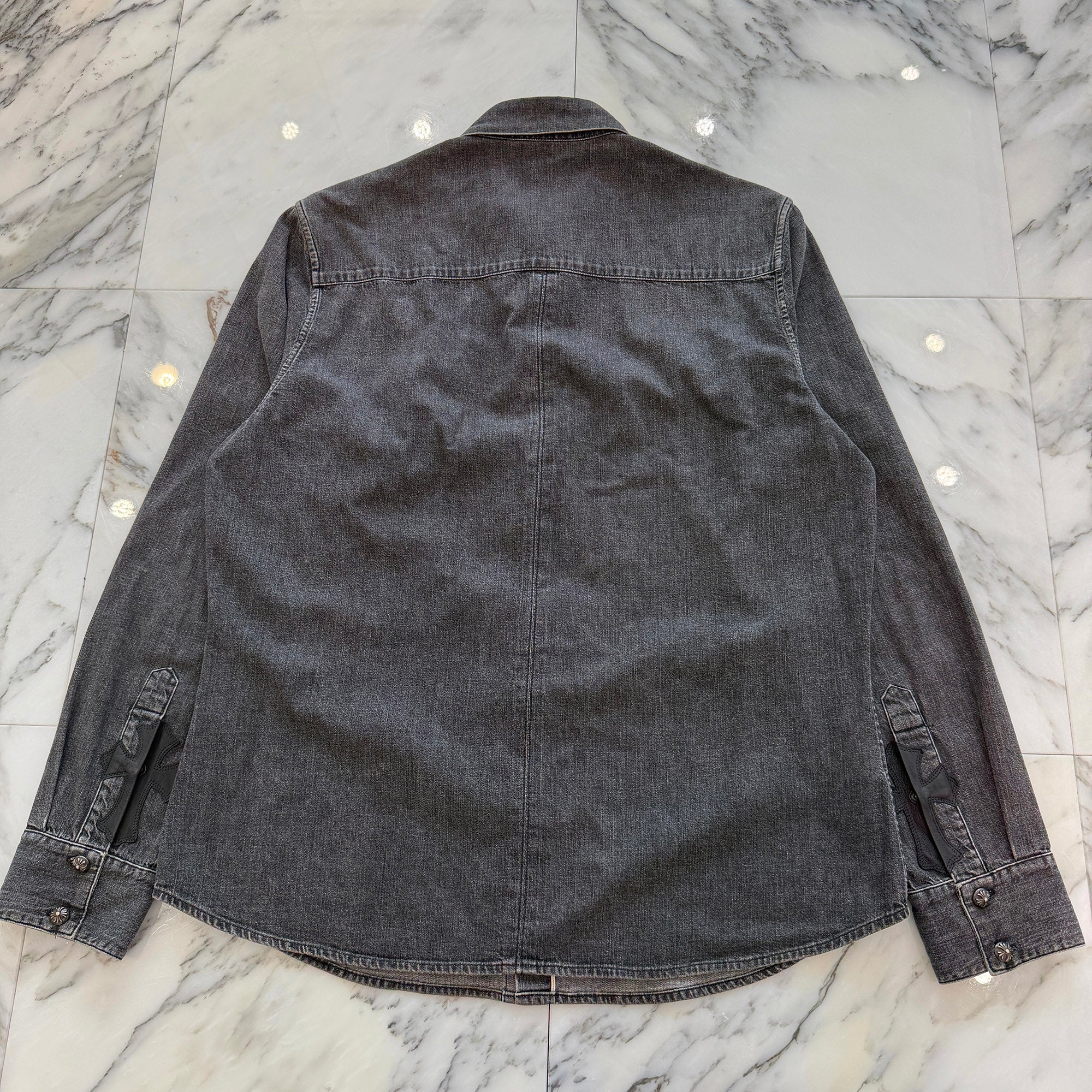 CHROME HEARTS Y NOT Leather Cross Patch Denim Shirts Size L クロム