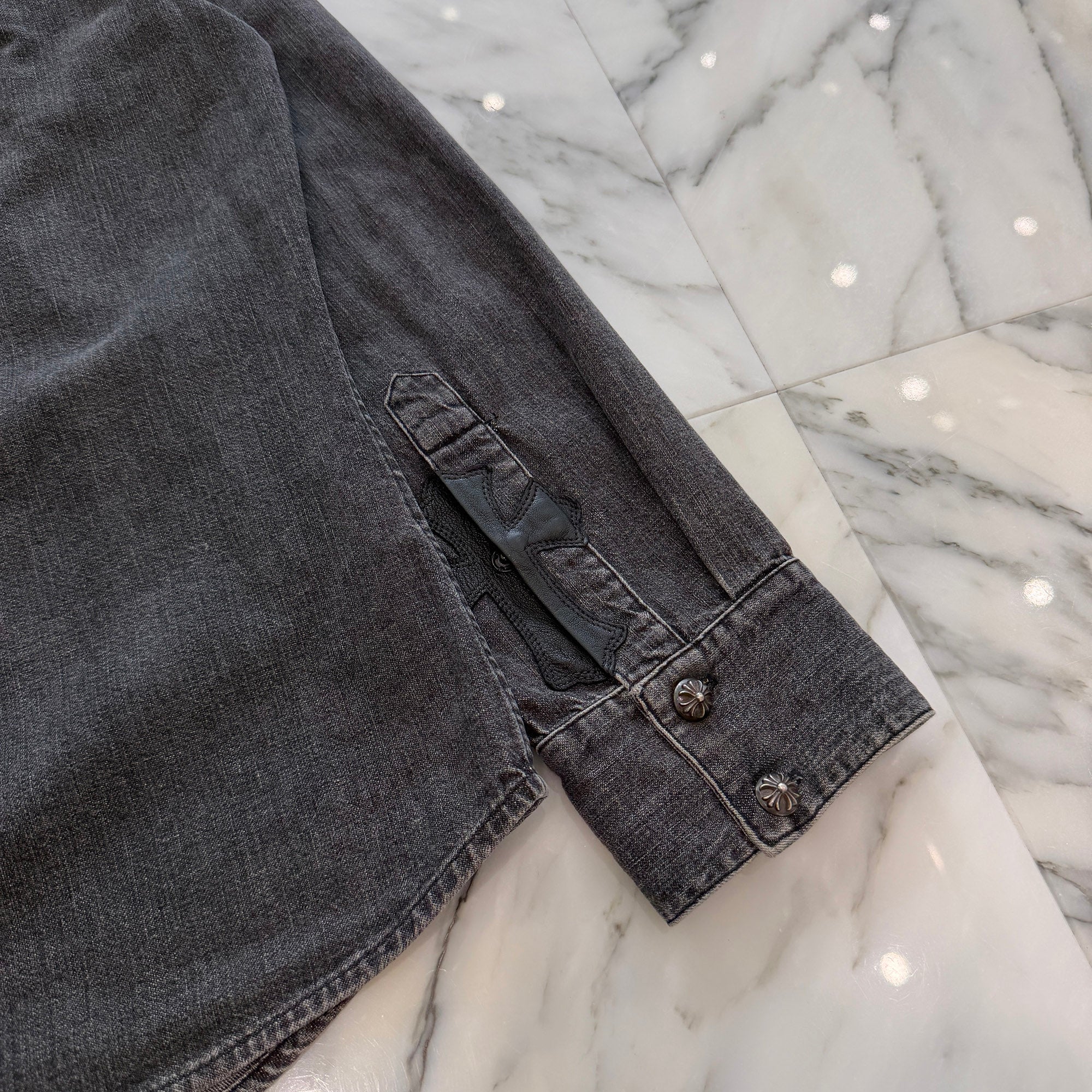 CHROME HEARTS Y NOT Leather Cross Patch Denim Shirts Size L クロムハーツ ワイノット レザークロスパッチ デニムシャツ サイズL